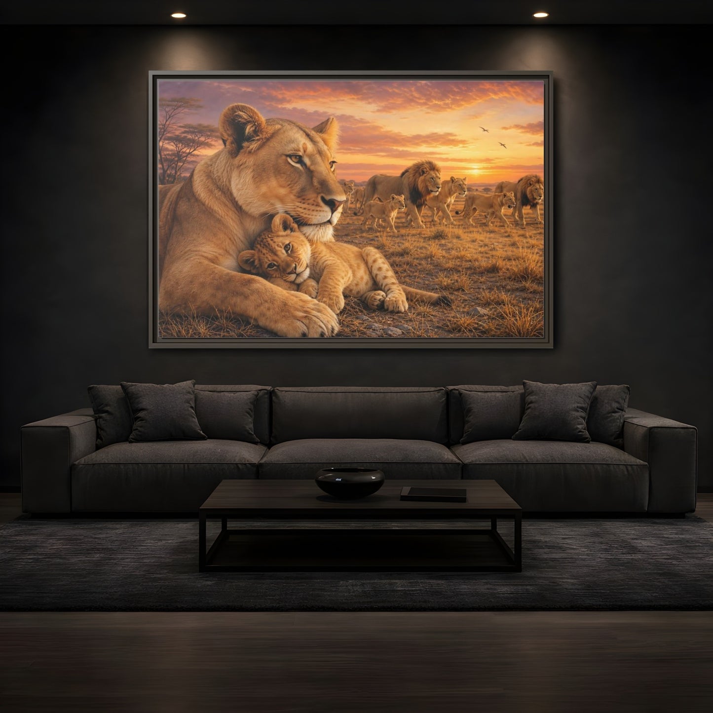 Mockup 3. Nature Lions Golden Hour Lions shown as stretched canvas wall art