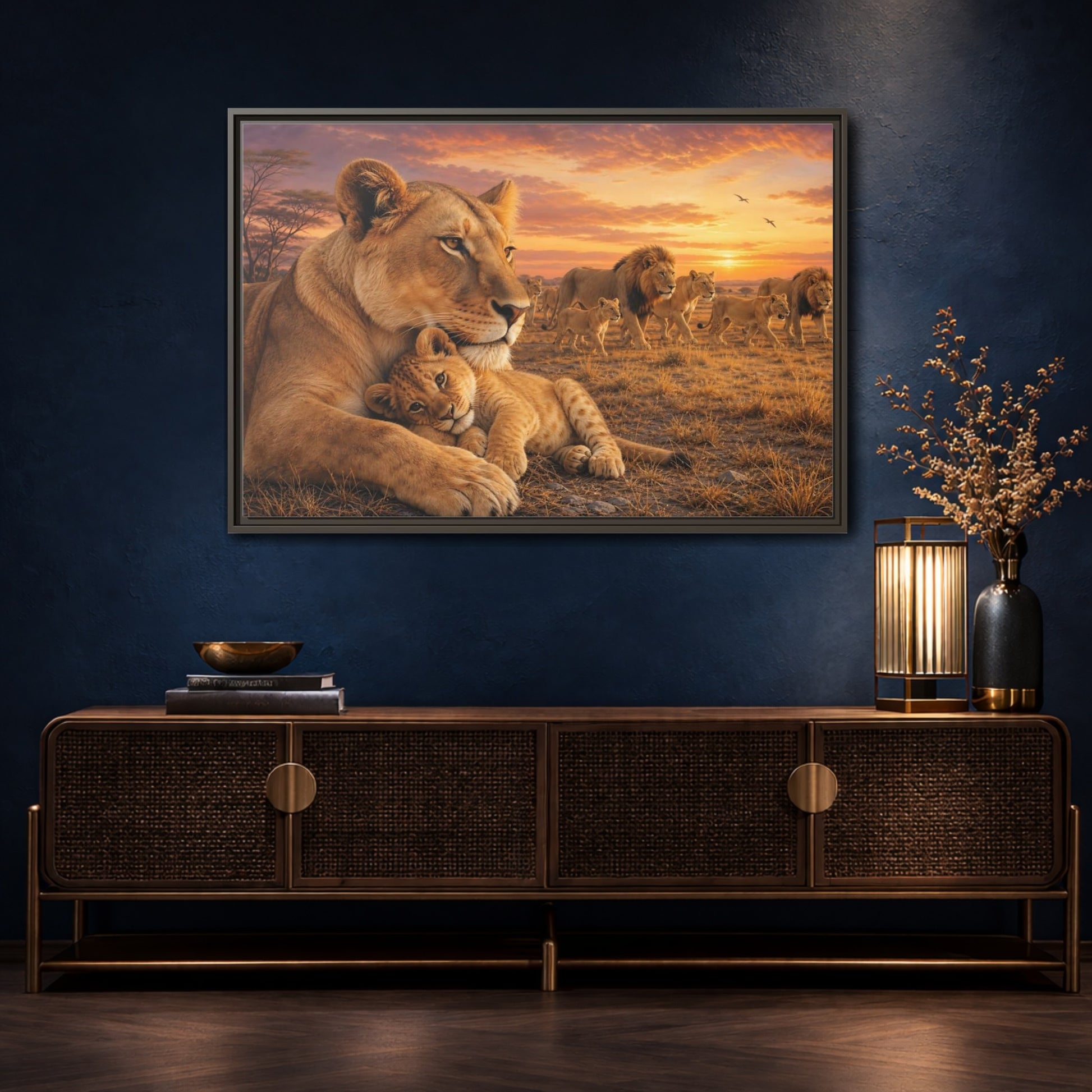 Mockup 4. Nature Lions Golden Hour Lions shown as stretched canvas wall art