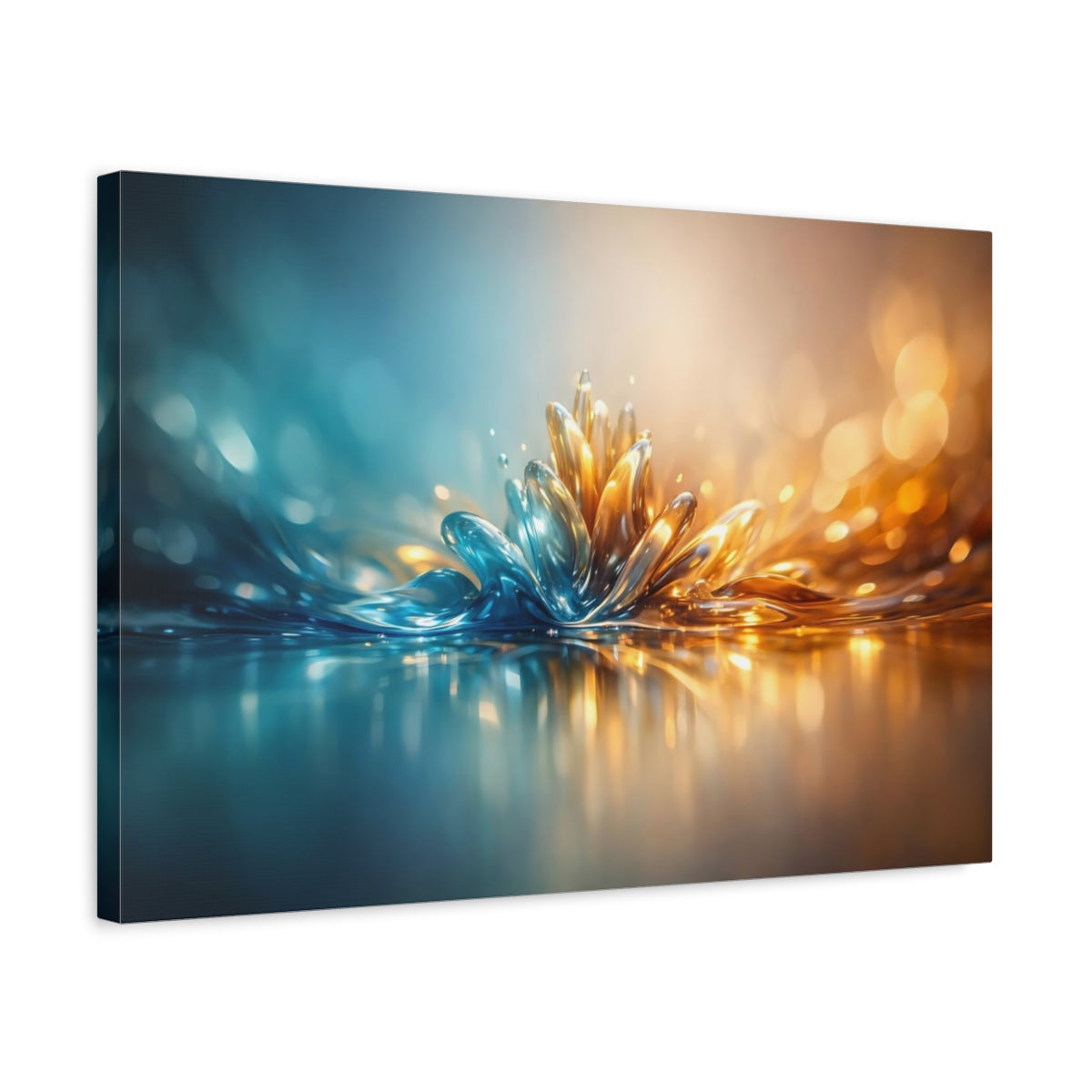 Side Mockup 3. Nature Liquid Bloom Blue Gold Liquid shown as stretched canvas wall art