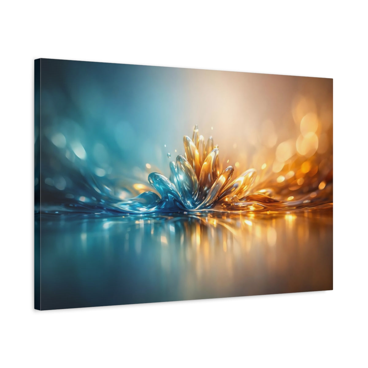 Side Mockup 2. Nature Liquid Bloom Blue Gold Liquid shown as stretched canvas wall art