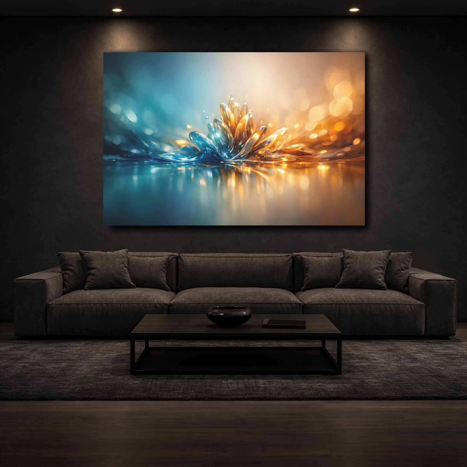 Mockup 2. Nature Liquid Bloom Blue Gold Liquid shown as stretched canvas wall art