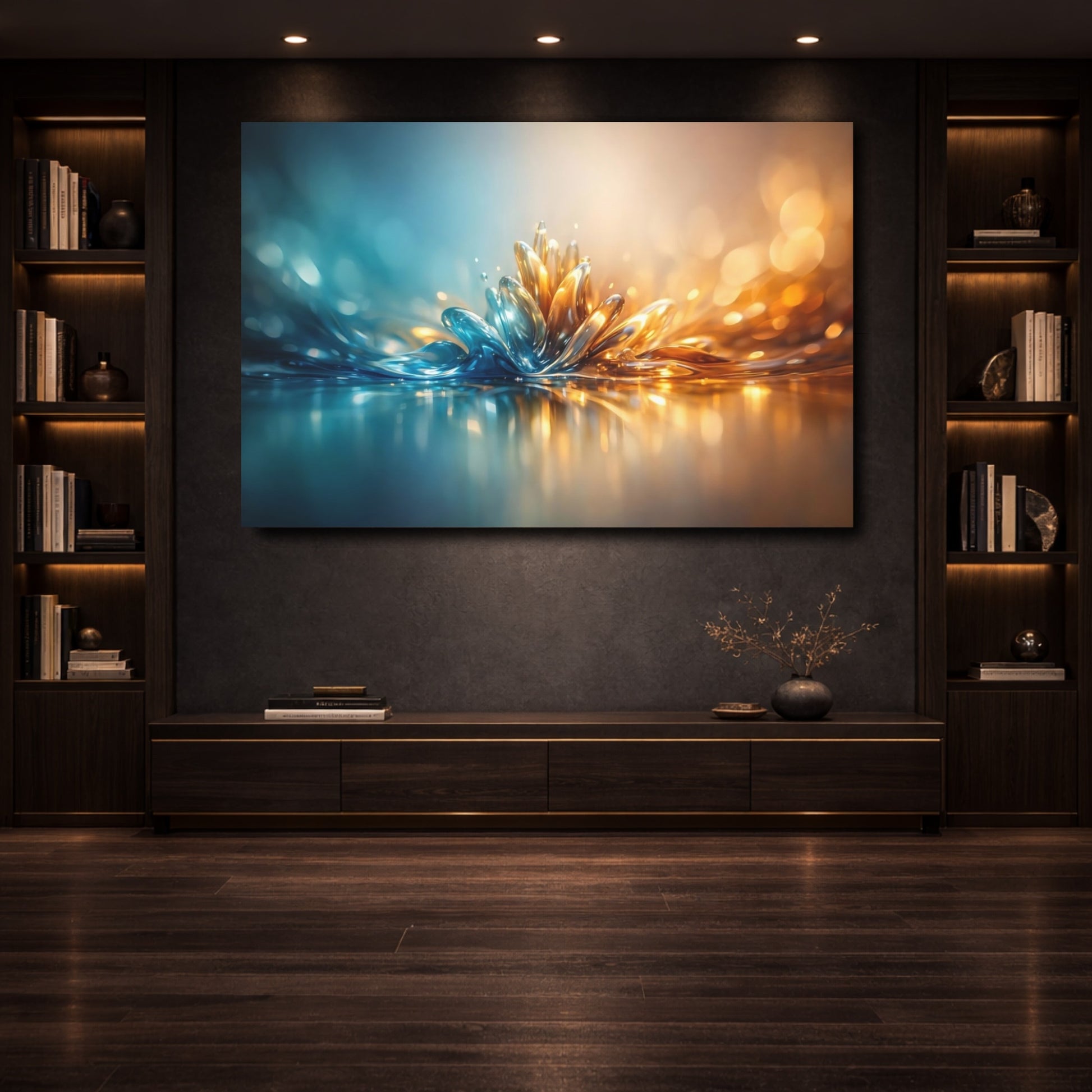 Mockup 3. Nature Liquid Bloom Blue Gold Liquid shown as stretched canvas wall art