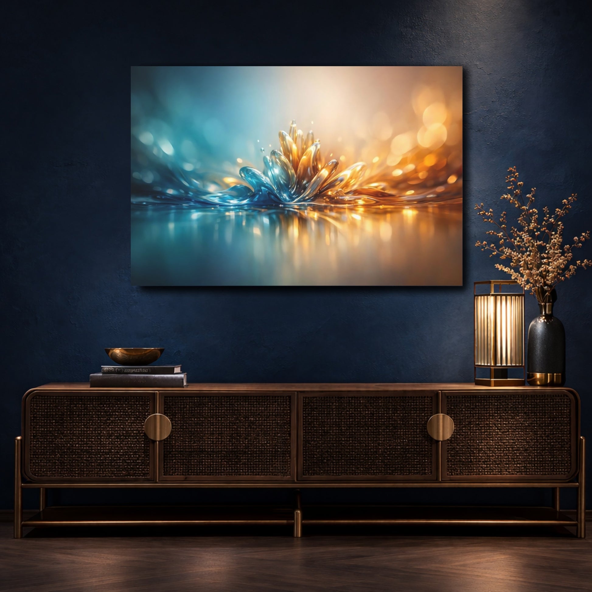 Mockup 4. Nature Liquid Bloom Blue Gold Liquid shown as stretched canvas wall art