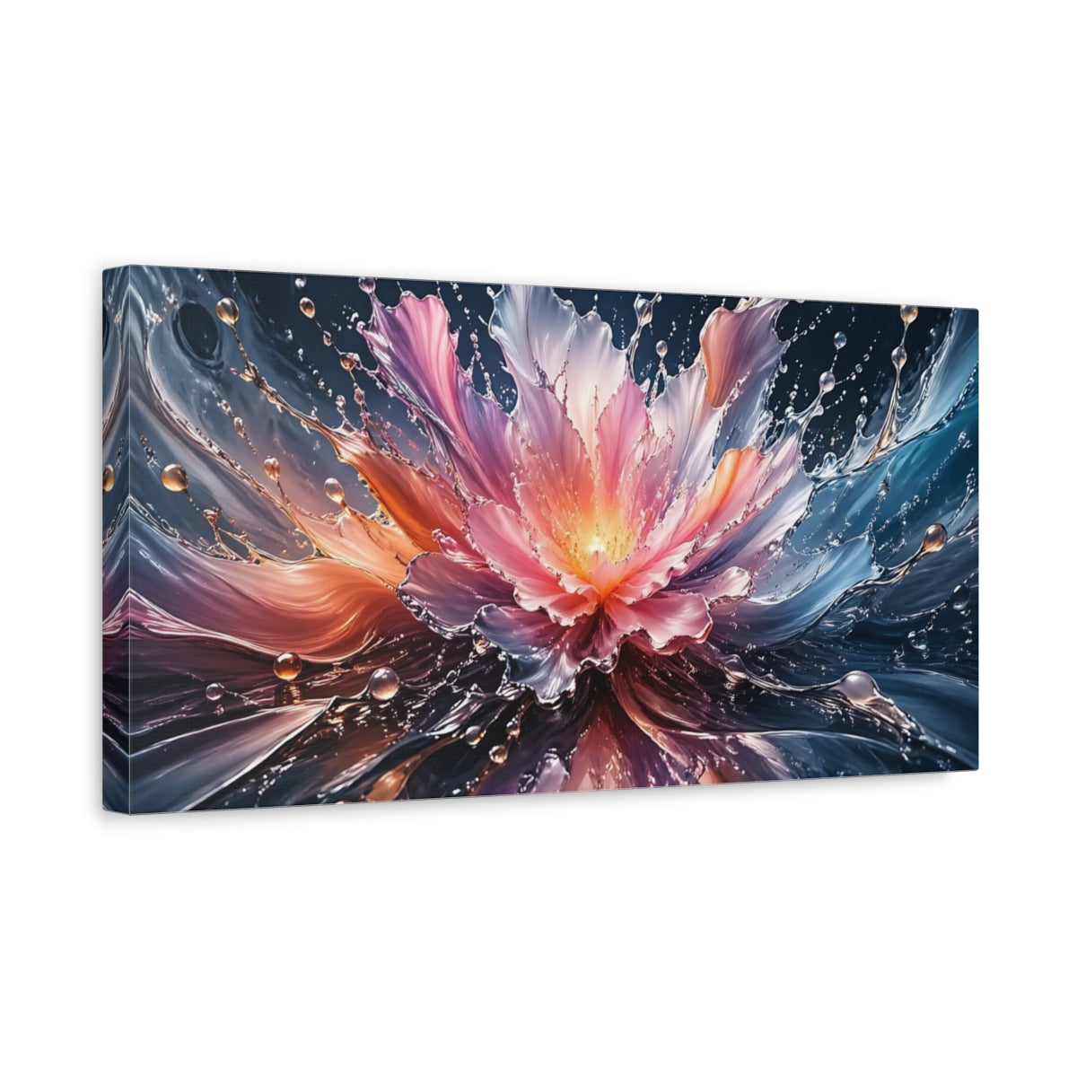 Side Mockup 3. Nature Liquid Bloom Pink Blue Orange shown as stretched canvas wall art