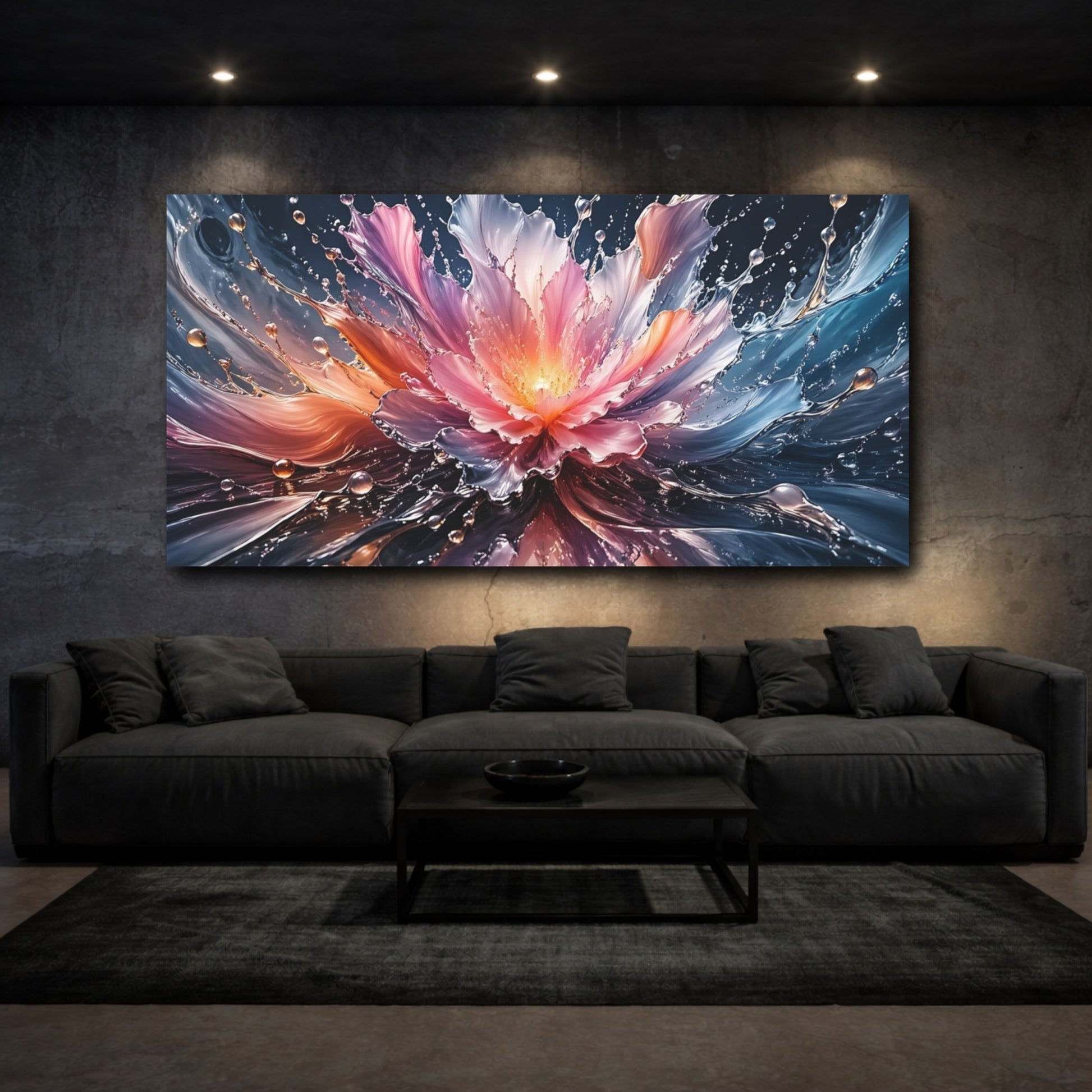 Mockup 2. Nature Liquid Bloom Pink Blue Orange shown as stretched canvas wall art