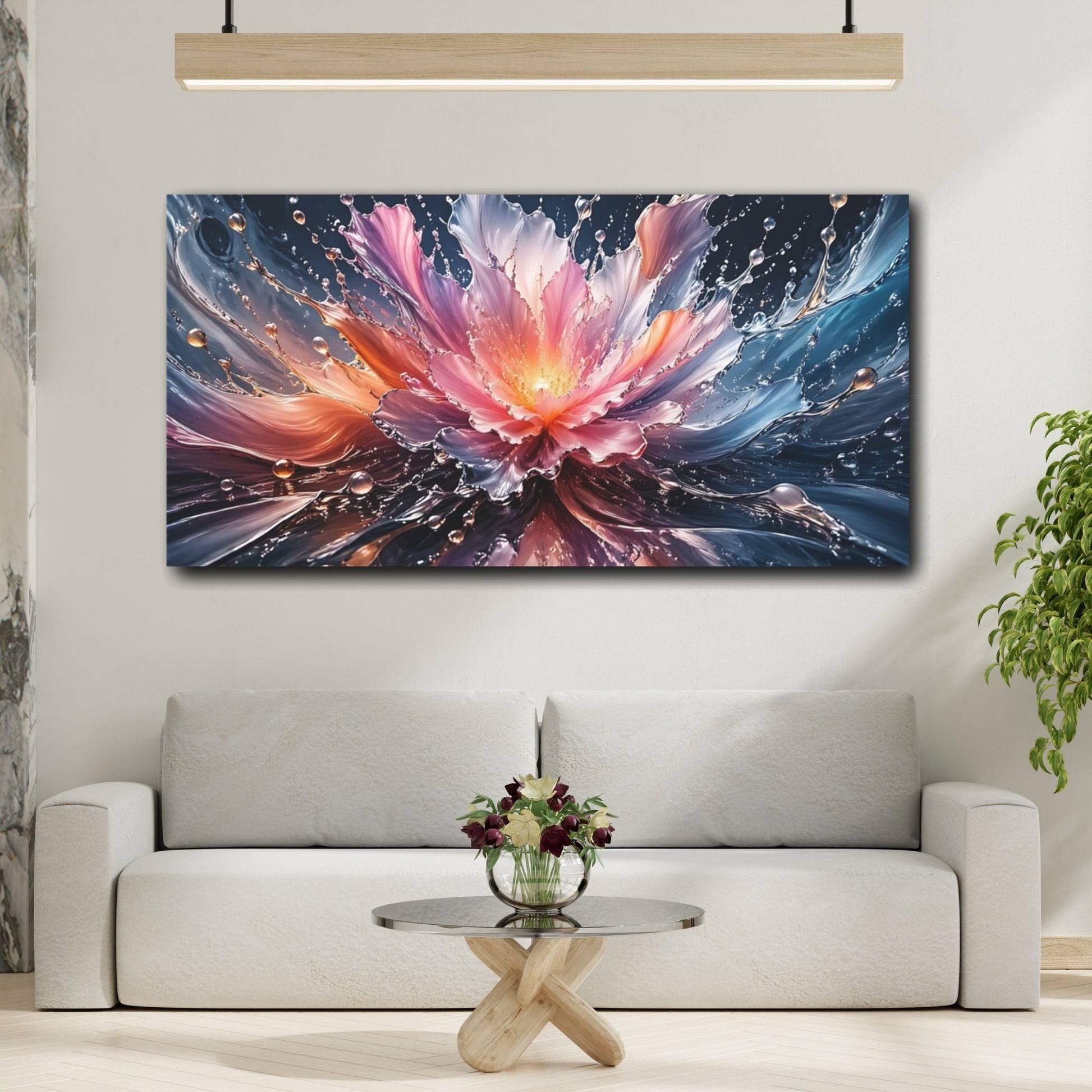 Mockup 3. Nature Liquid Bloom Pink Blue Orange shown as stretched canvas wall art
