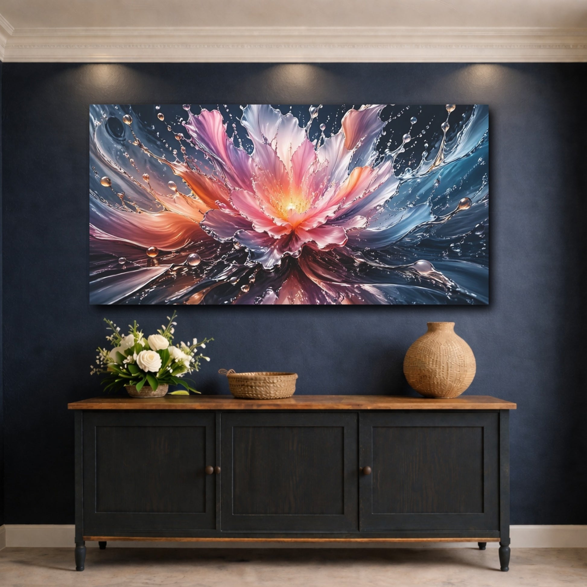 Mockup 4. Nature Liquid Bloom Pink Blue Orange shown as stretched canvas wall art