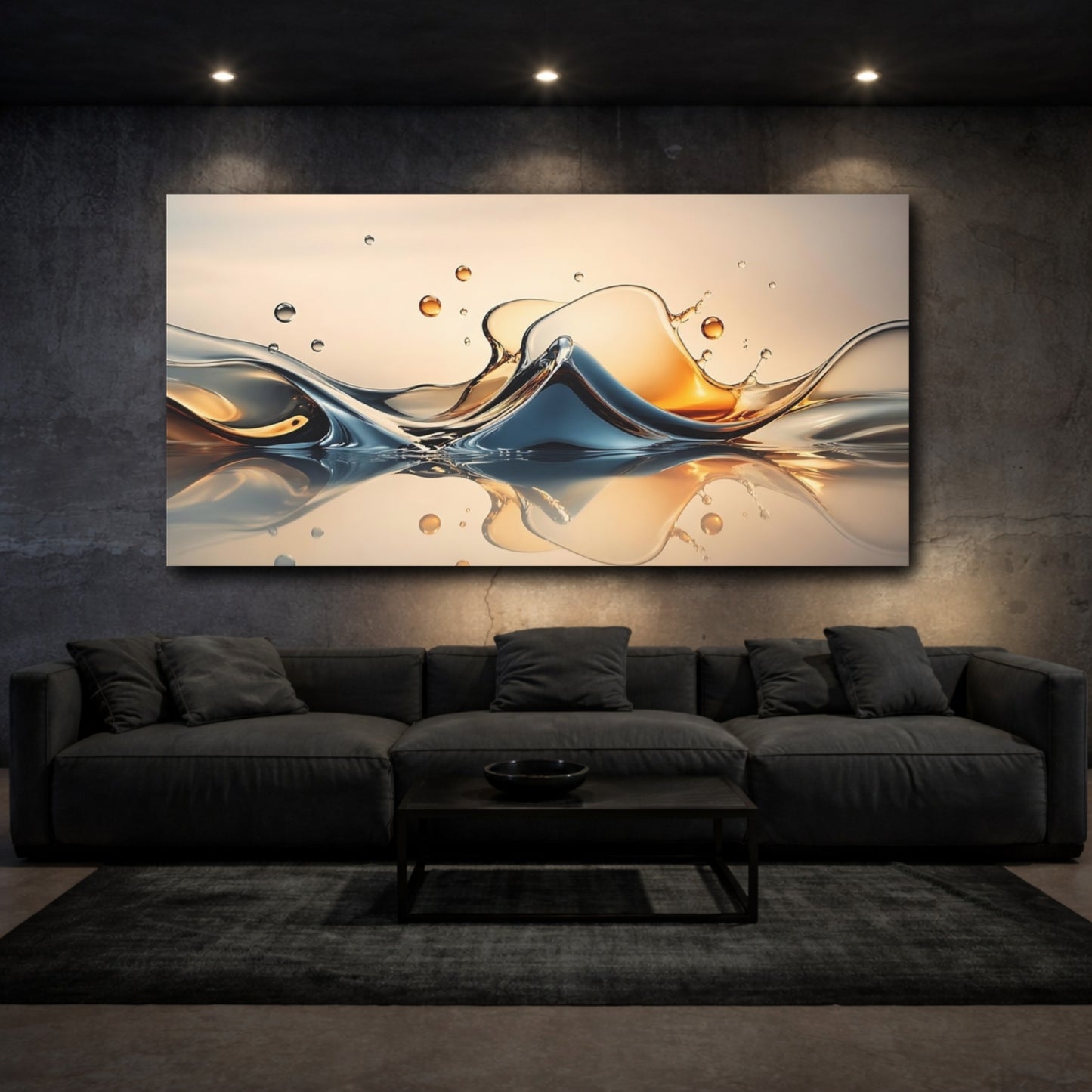 Mockup 2. Nature Liquid Splash Blue And Gold shown as stretched canvas wall art