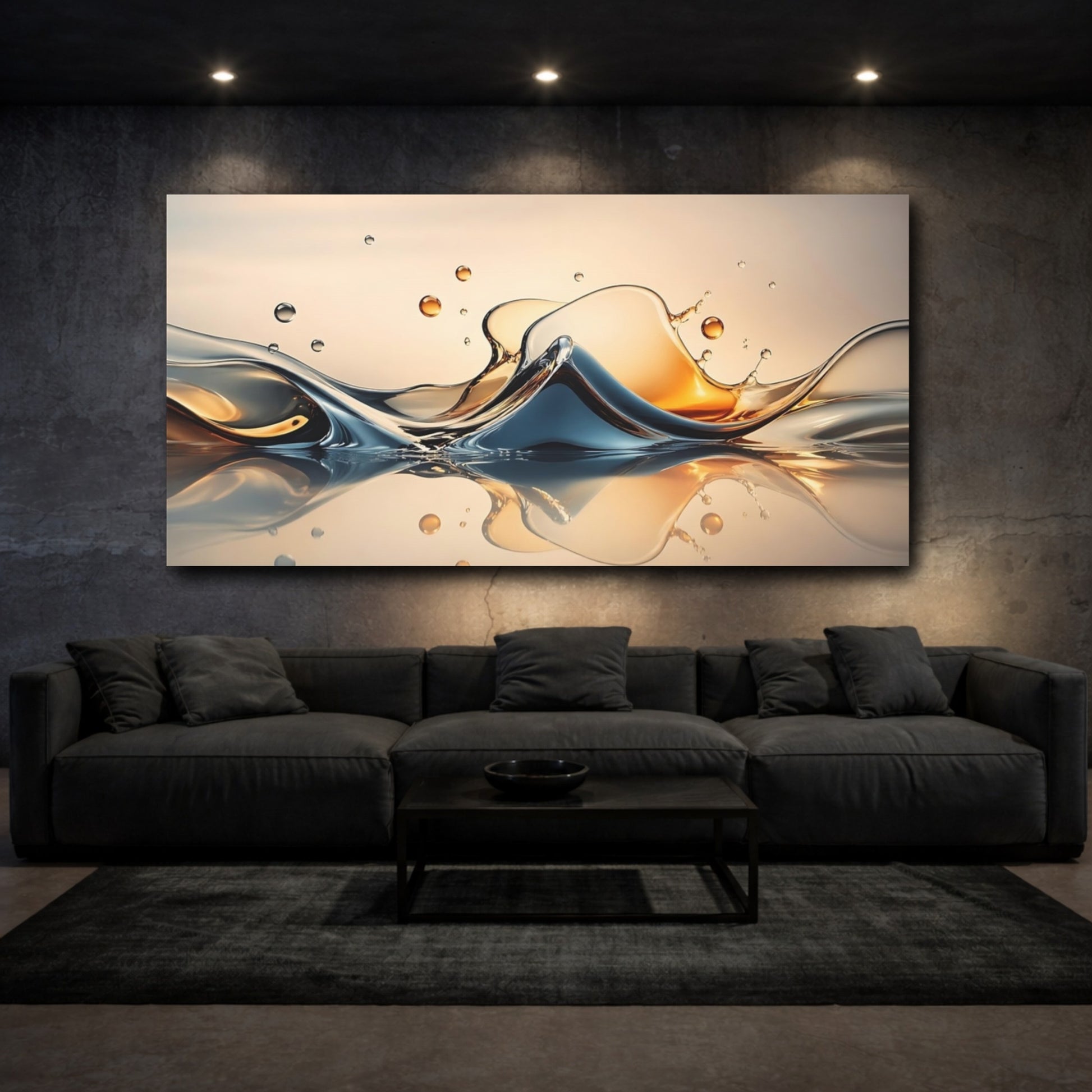 Mockup 2. Nature Liquid Splash Blue And Gold shown as stretched canvas wall art