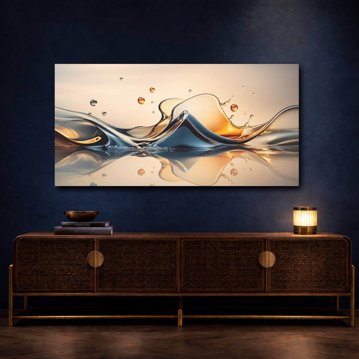 Mockup 3. Nature Liquid Splash Blue And Gold shown as stretched canvas wall art