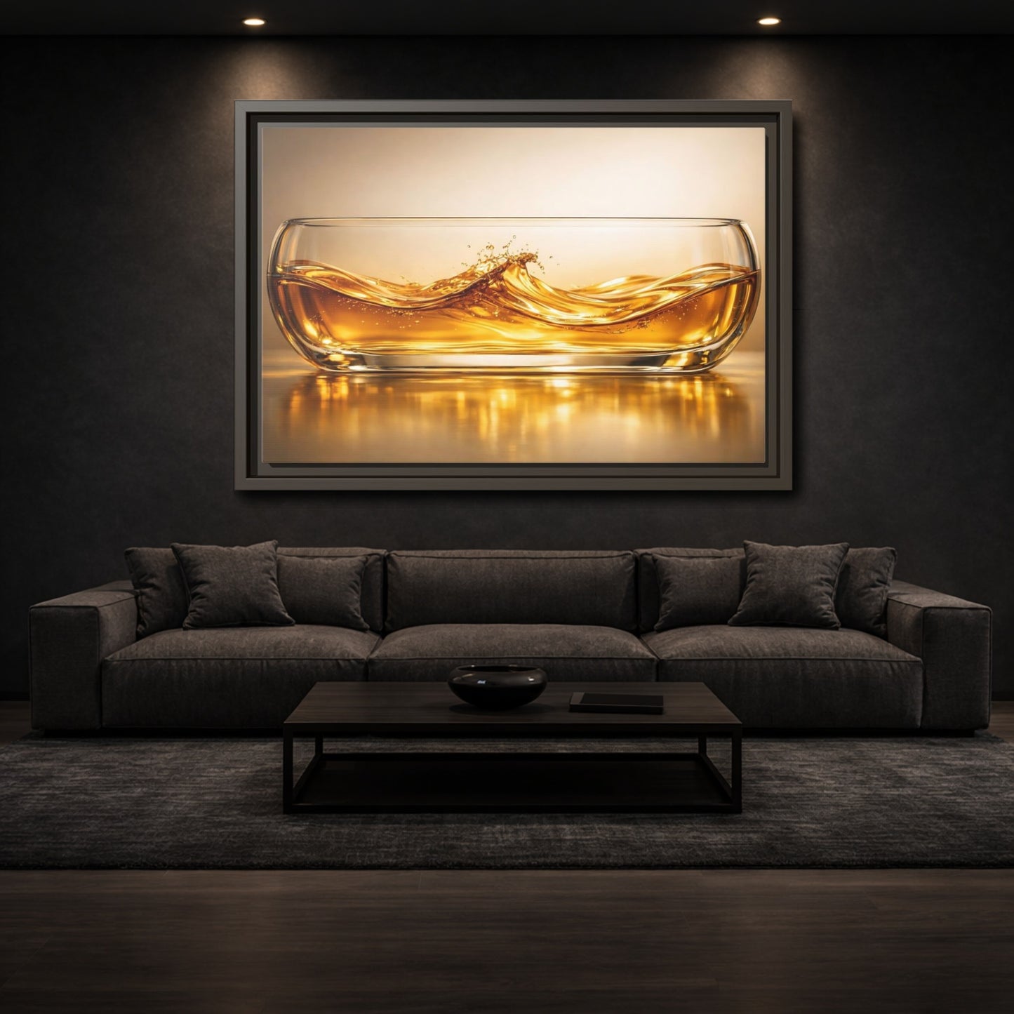 Mockup 2. Nature Liquid Waves Golden Liquid shown as stretched canvas wall art