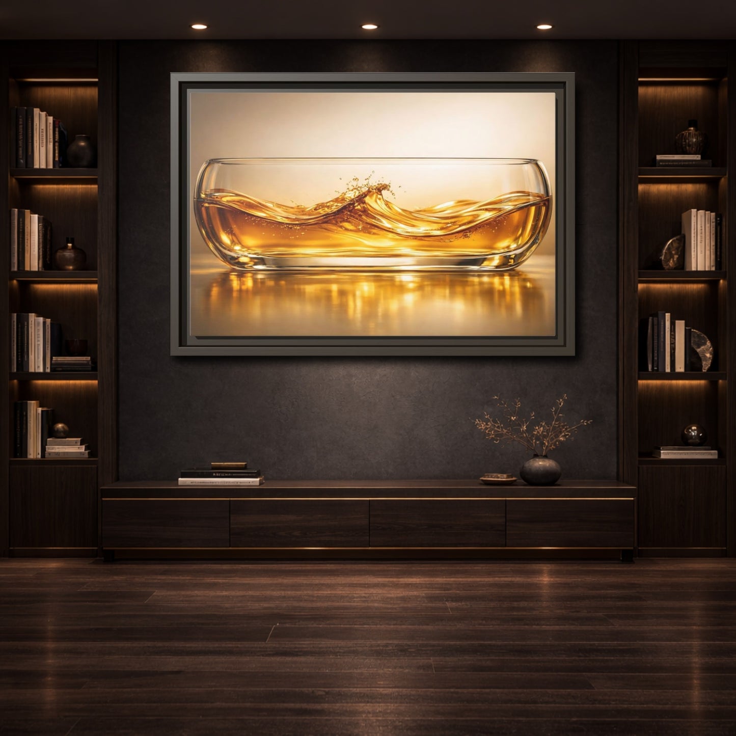Mockup 3. Nature Liquid Waves Golden Liquid shown as stretched canvas wall art