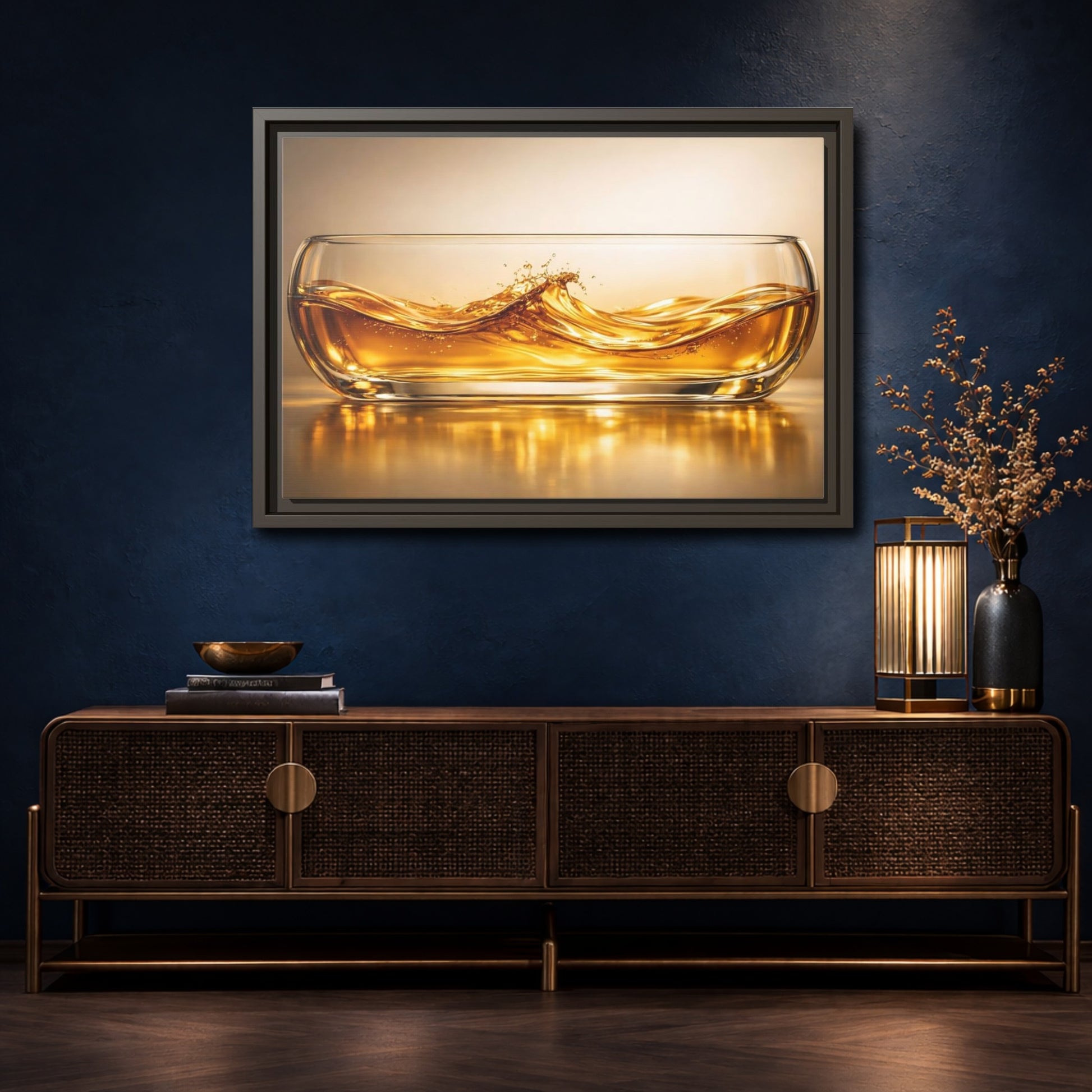 Mockup 4. Nature Liquid Waves Golden Liquid shown as stretched canvas wall art