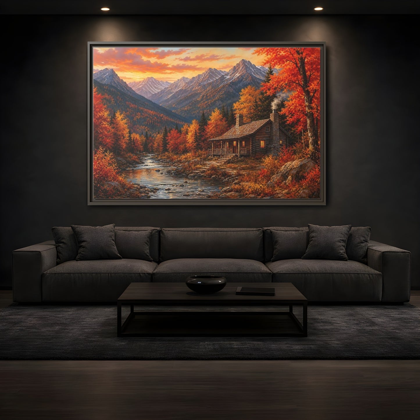 Mockup 3. Nature Log Cabin Autumn Cabin shown as stretched canvas wall art
