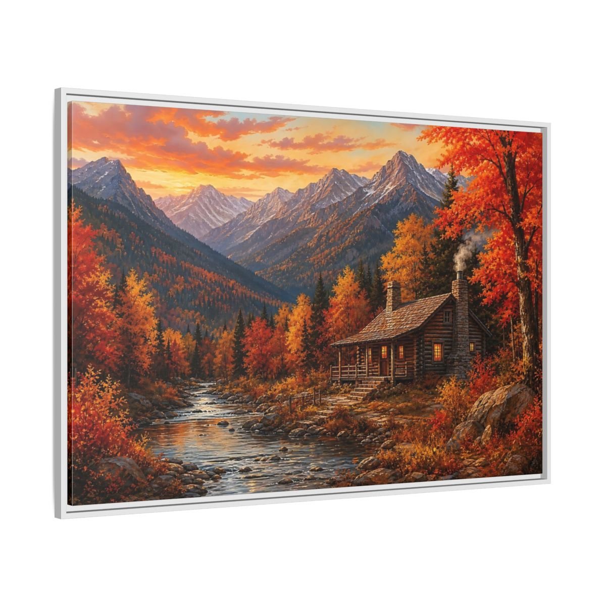 Nature Log Cabin Autumn Framed Canvas Wall Art Print – Living Room Decor, Above Couch - YesArtYes