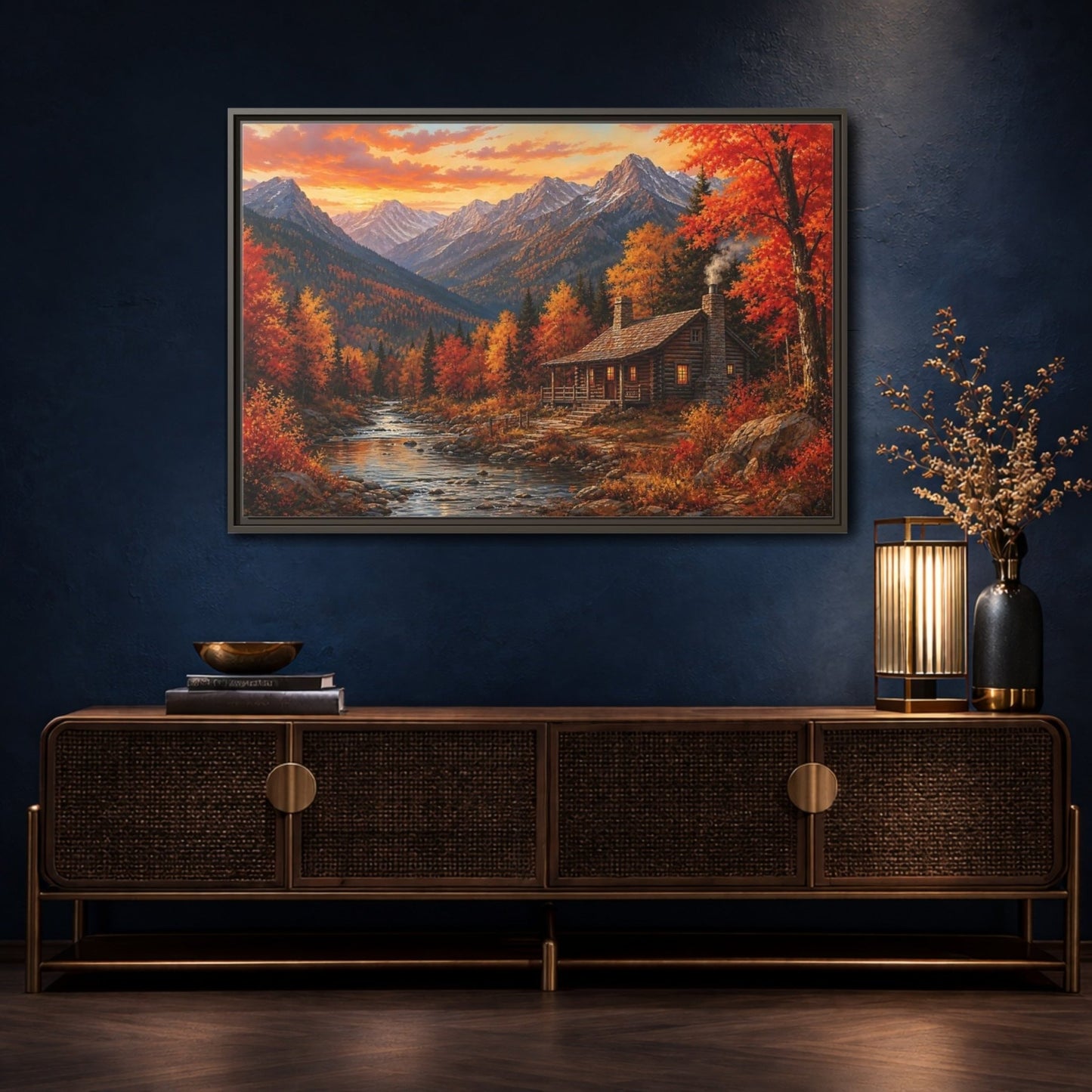 Nature Log Cabin Autumn Framed Canvas Wall Art Print – Living Room Decor, Above Couch - YesArtYes