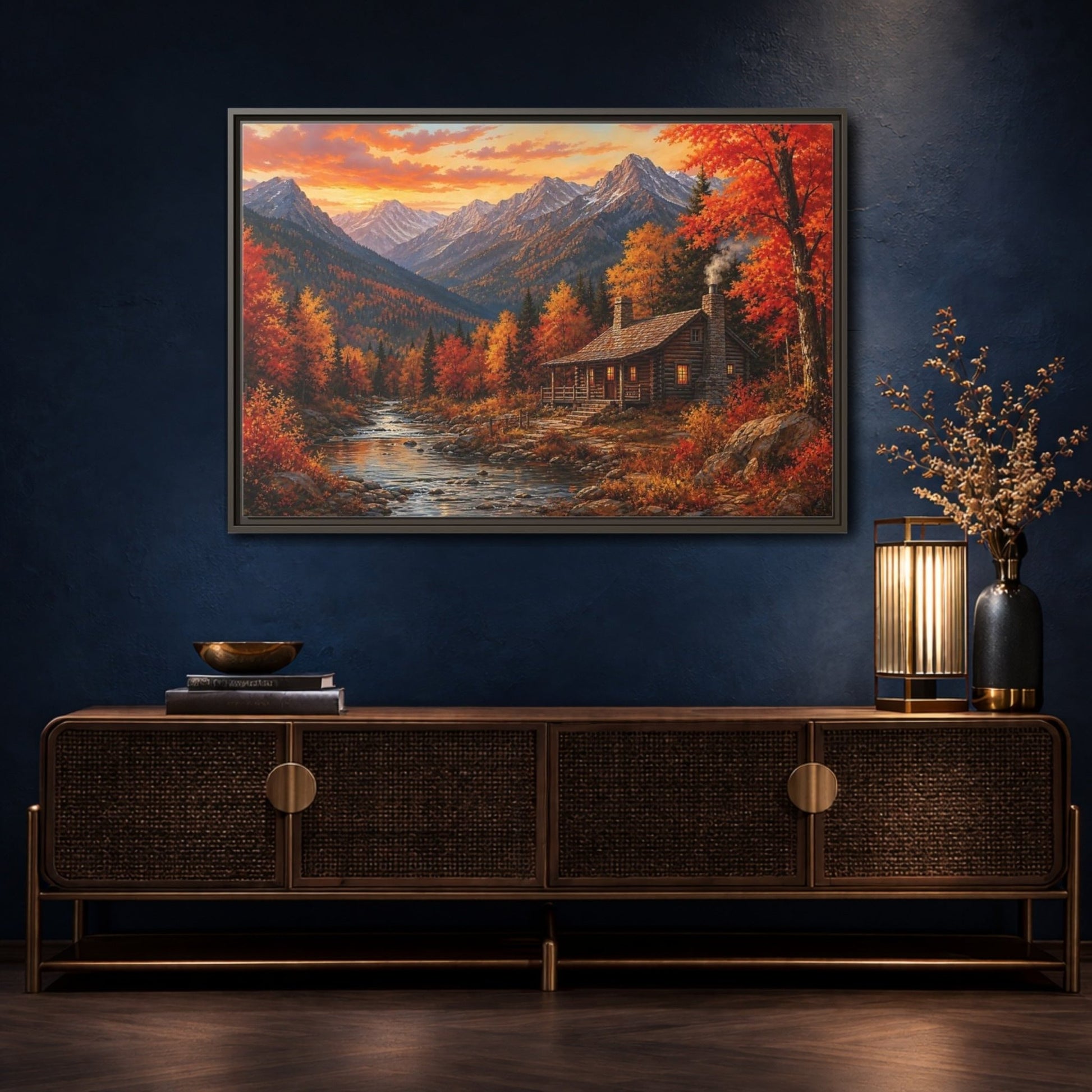 Nature Log Cabin Autumn Framed Canvas Wall Art Print – Living Room Decor, Above Couch - YesArtYes