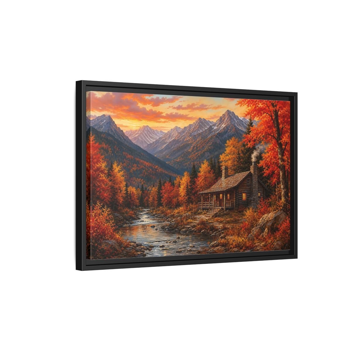 Nature Log Cabin Autumn Framed Canvas Wall Art Print – Living Room Decor, Above Couch - YesArtYes