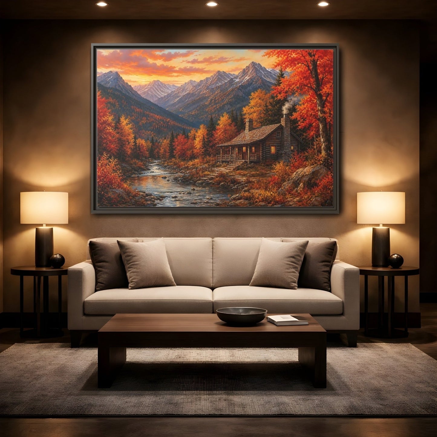 Nature Log Cabin Autumn Framed Canvas Wall Art Print – Living Room Decor, Above Couch - YesArtYes