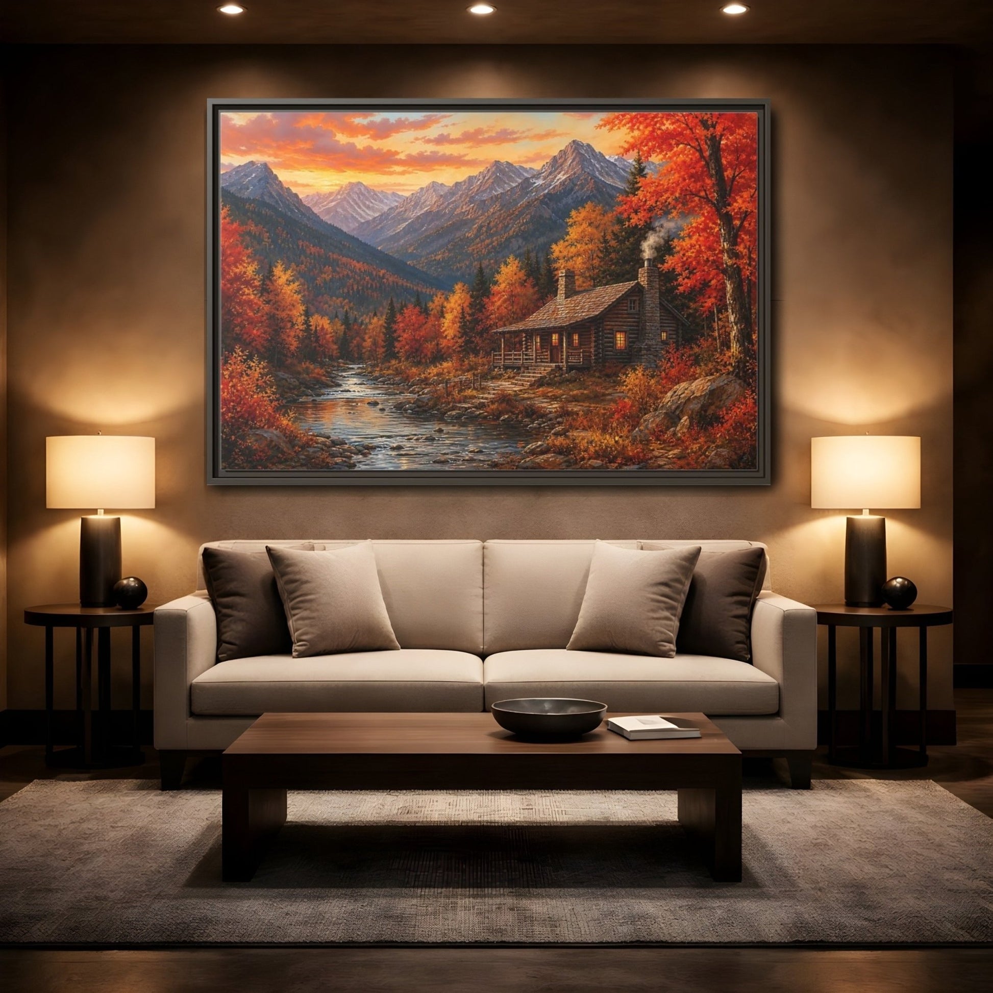 Nature Log Cabin Autumn Framed Canvas Wall Art Print – Living Room Decor, Above Couch - YesArtYes