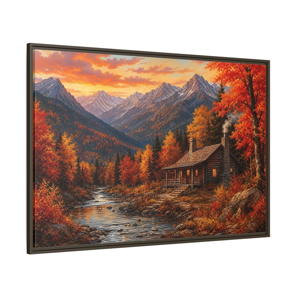 Nature Log Cabin Autumn Framed Canvas Wall Art Print – Living Room Decor, Above Couch - YesArtYes