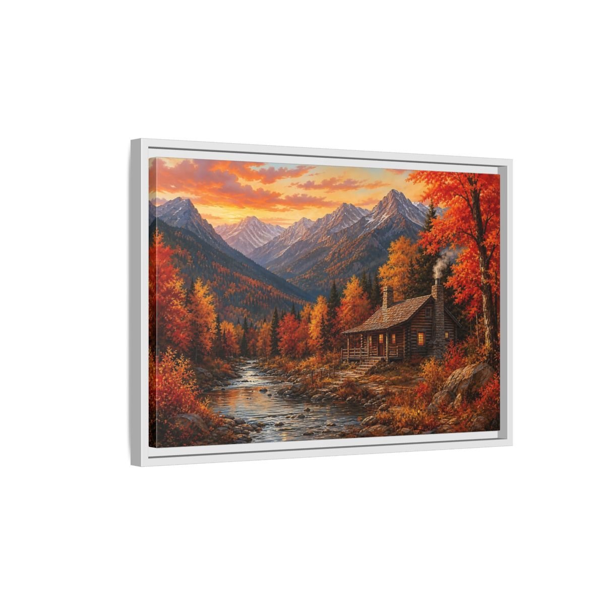 Nature Log Cabin Autumn Framed Canvas Wall Art Print – Living Room Decor, Above Couch - YesArtYes