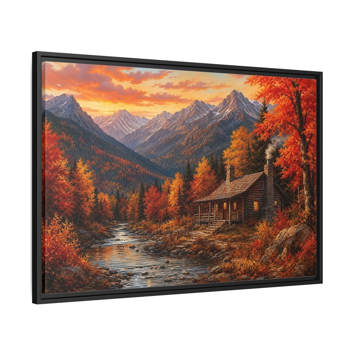 Nature Log Cabin Autumn Framed Canvas Wall Art Print – Living Room Decor, Above Couch - YesArtYes