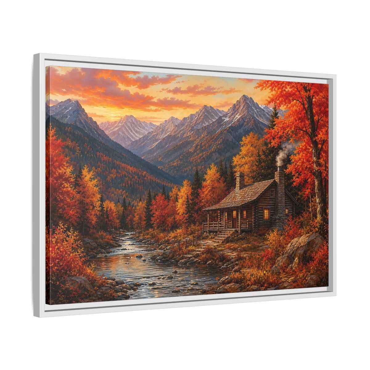 Side Mockup 10. Nature Log Cabin Autumn Cabin shown as stretched canvas wall art