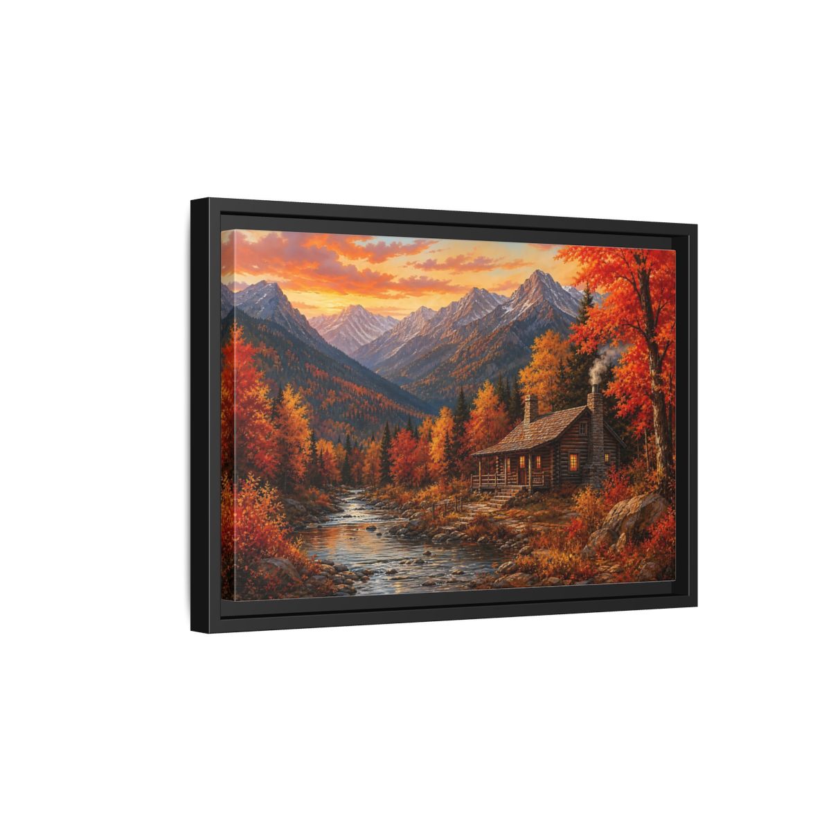 Side Mockup 6. Nature Log Cabin Autumn Cabin shown as stretched canvas wall art