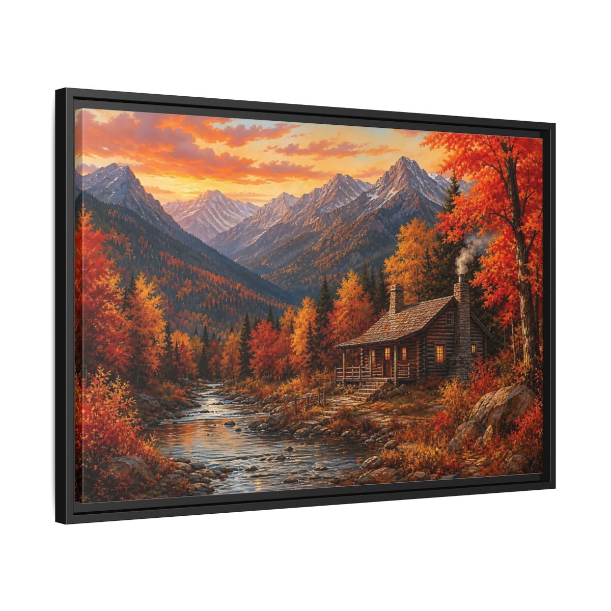 Side Mockup 14. Nature Log Cabin Autumn Cabin shown as stretched canvas wall art