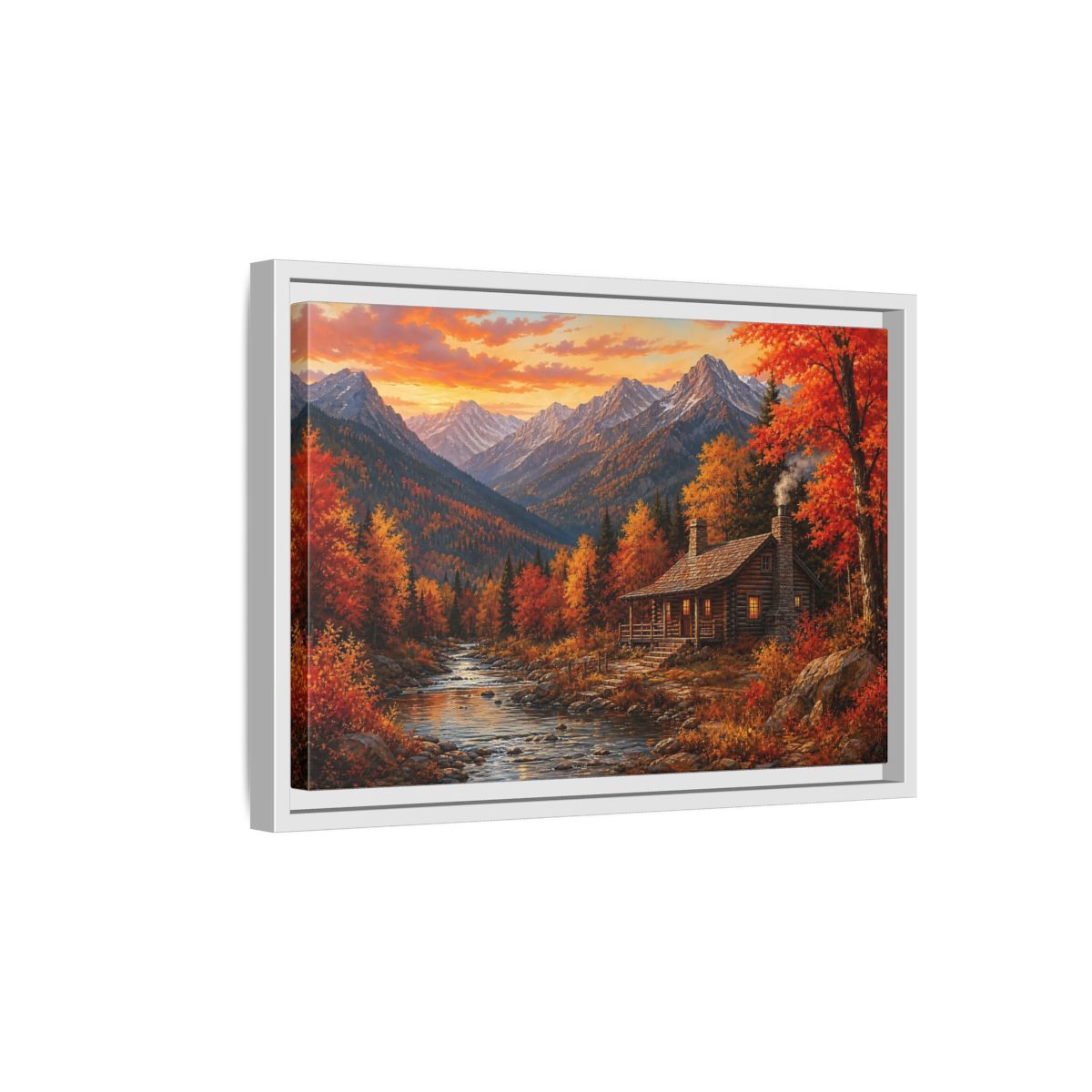 Side Mockup 4. Nature Log Cabin Autumn Cabin shown as stretched canvas wall art