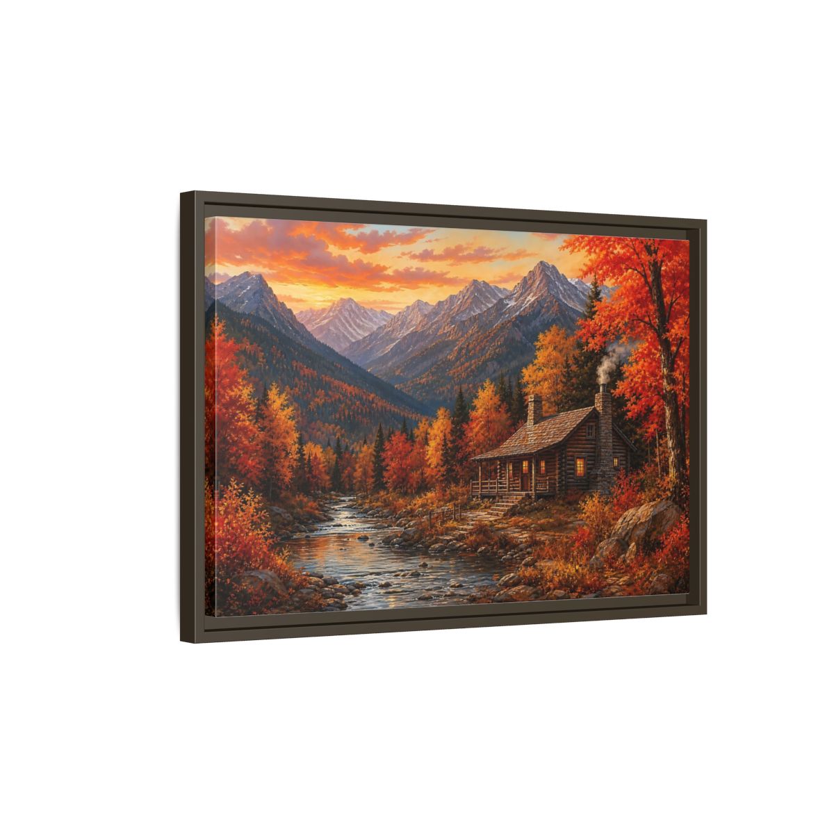 Side Mockup 2. Nature Log Cabin Autumn Cabin shown as stretched canvas wall art