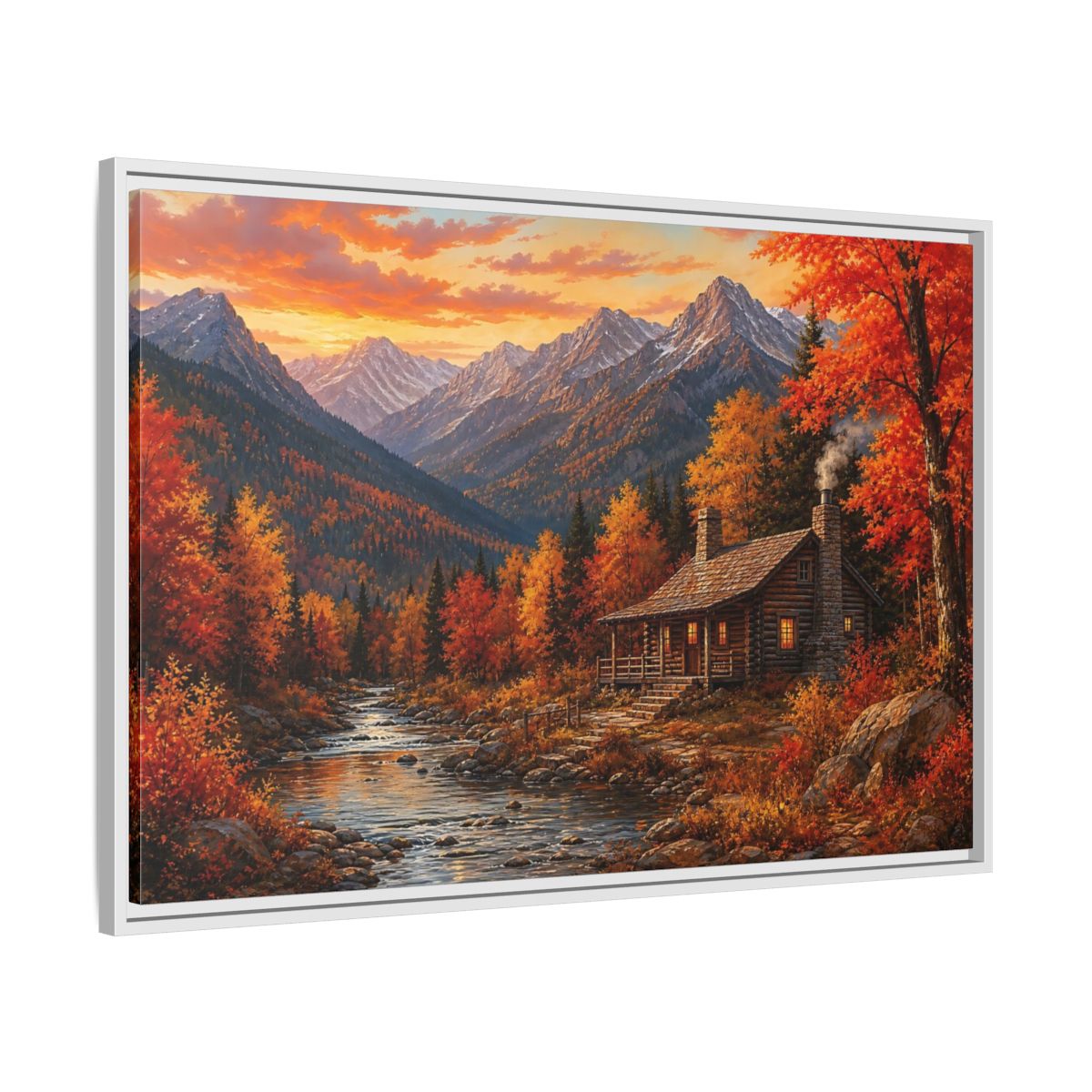 Side Mockup 9. Nature Log Cabin Autumn Cabin shown as stretched canvas wall art