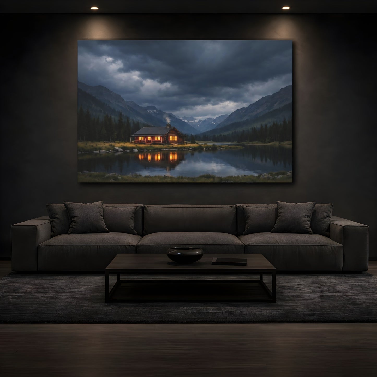 Mockup 2. Nature Log Cabin Cabin Lake Scene shown as stretched canvas wall art