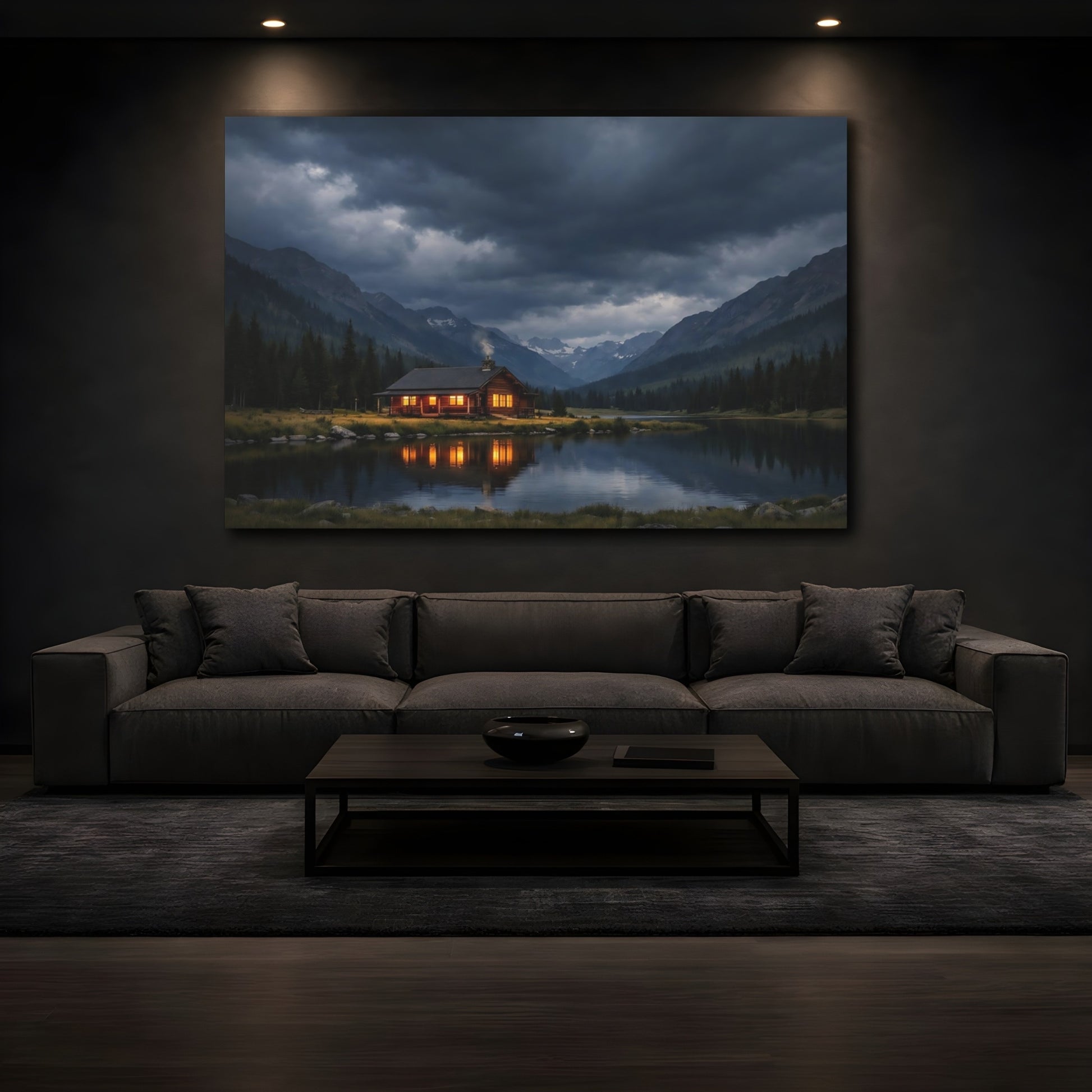 Mockup 2. Nature Log Cabin Cabin Lake Scene shown as stretched canvas wall art