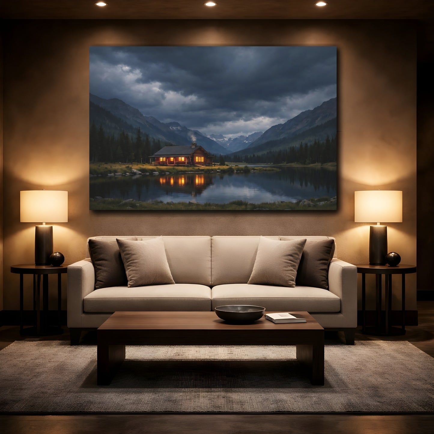 Mockup 3. Nature Log Cabin Cabin Lake Scene shown as stretched canvas wall art