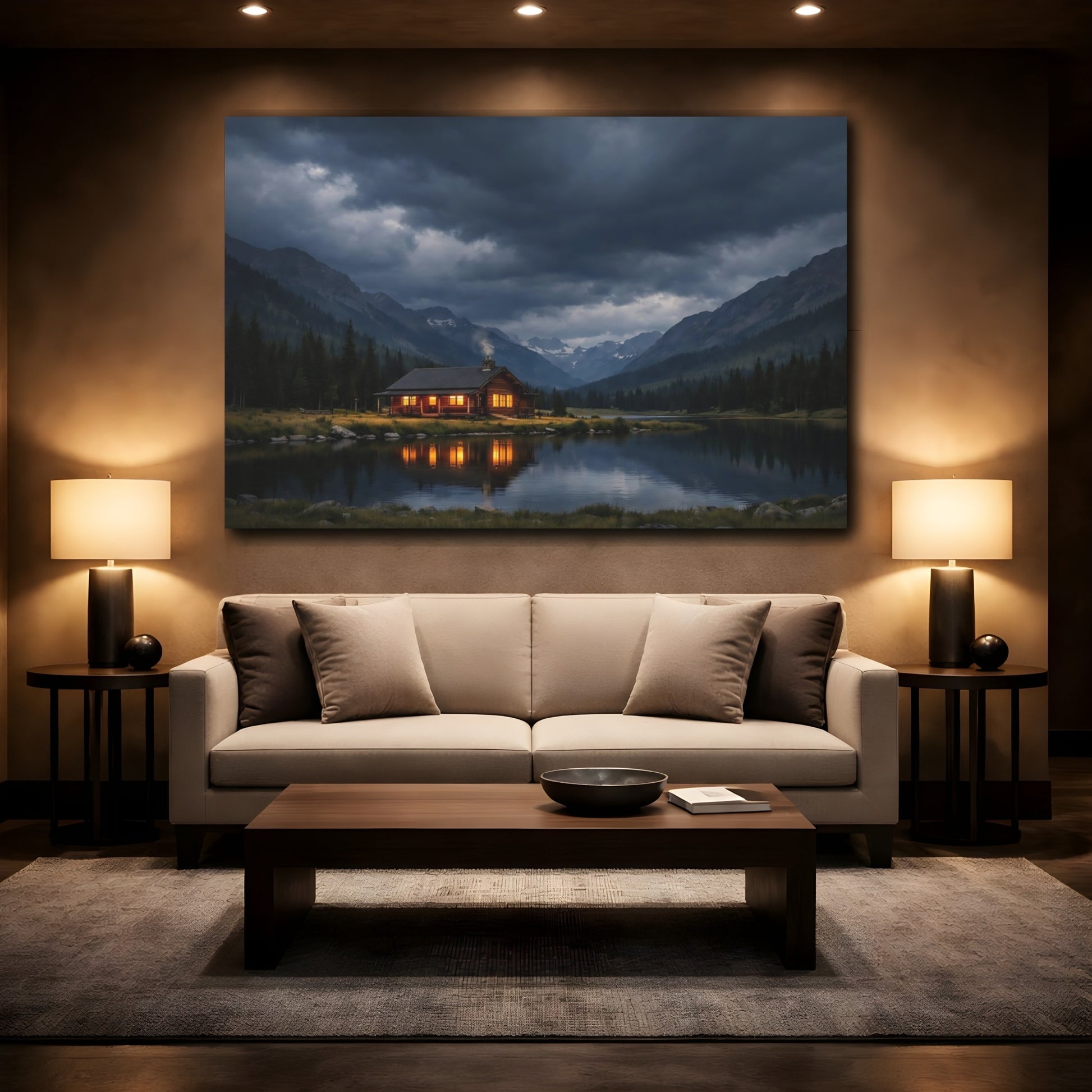 Mockup 3. Nature Log Cabin Cabin Lake Scene shown as stretched canvas wall art