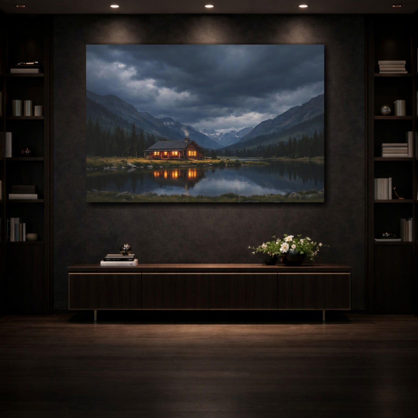 Mockup 4. Nature Log Cabin Cabin Lake Scene shown as stretched canvas wall art