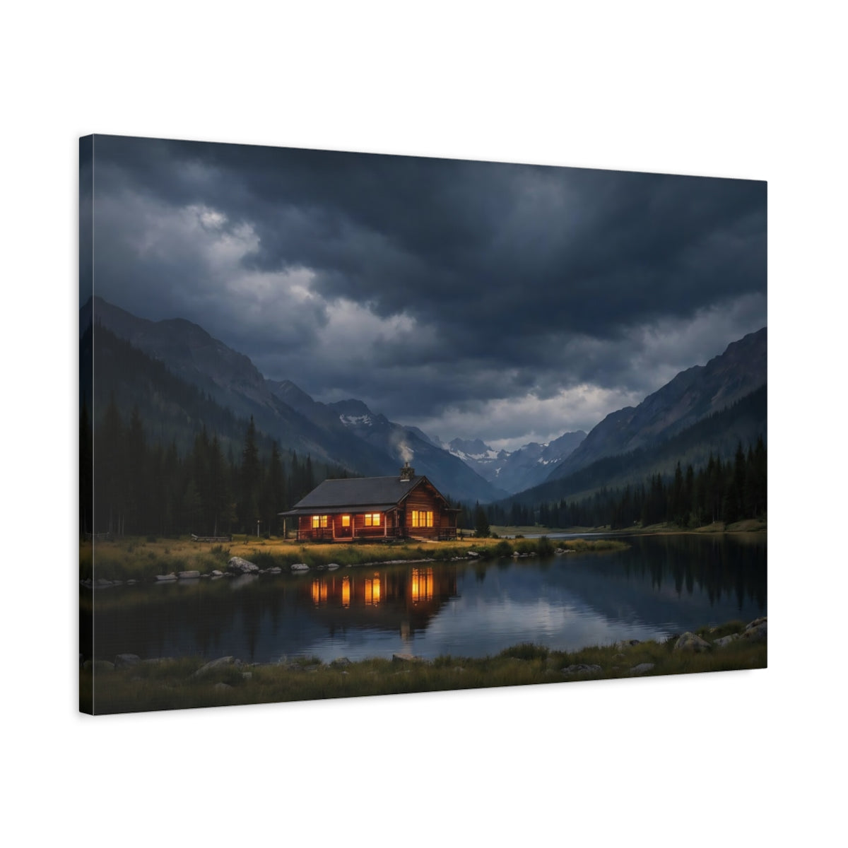 Side Mockup 2. Nature Log Cabin Cabin Lake Scene shown as stretched canvas wall art