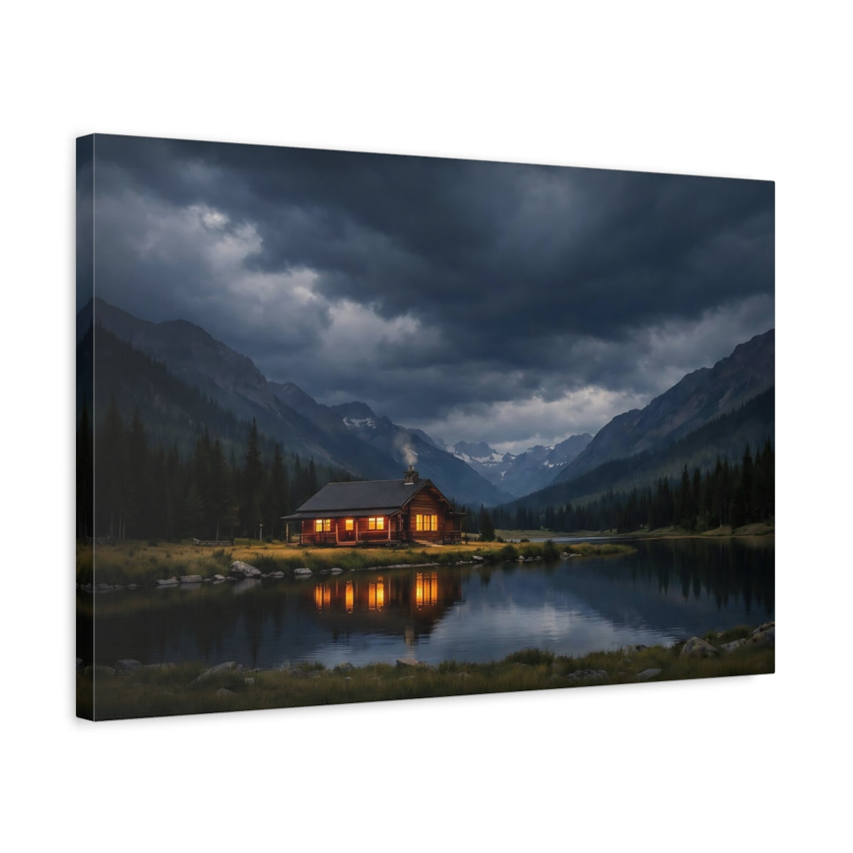 Side Mockup 3. Nature Log Cabin Cabin Lake Scene shown as stretched canvas wall art