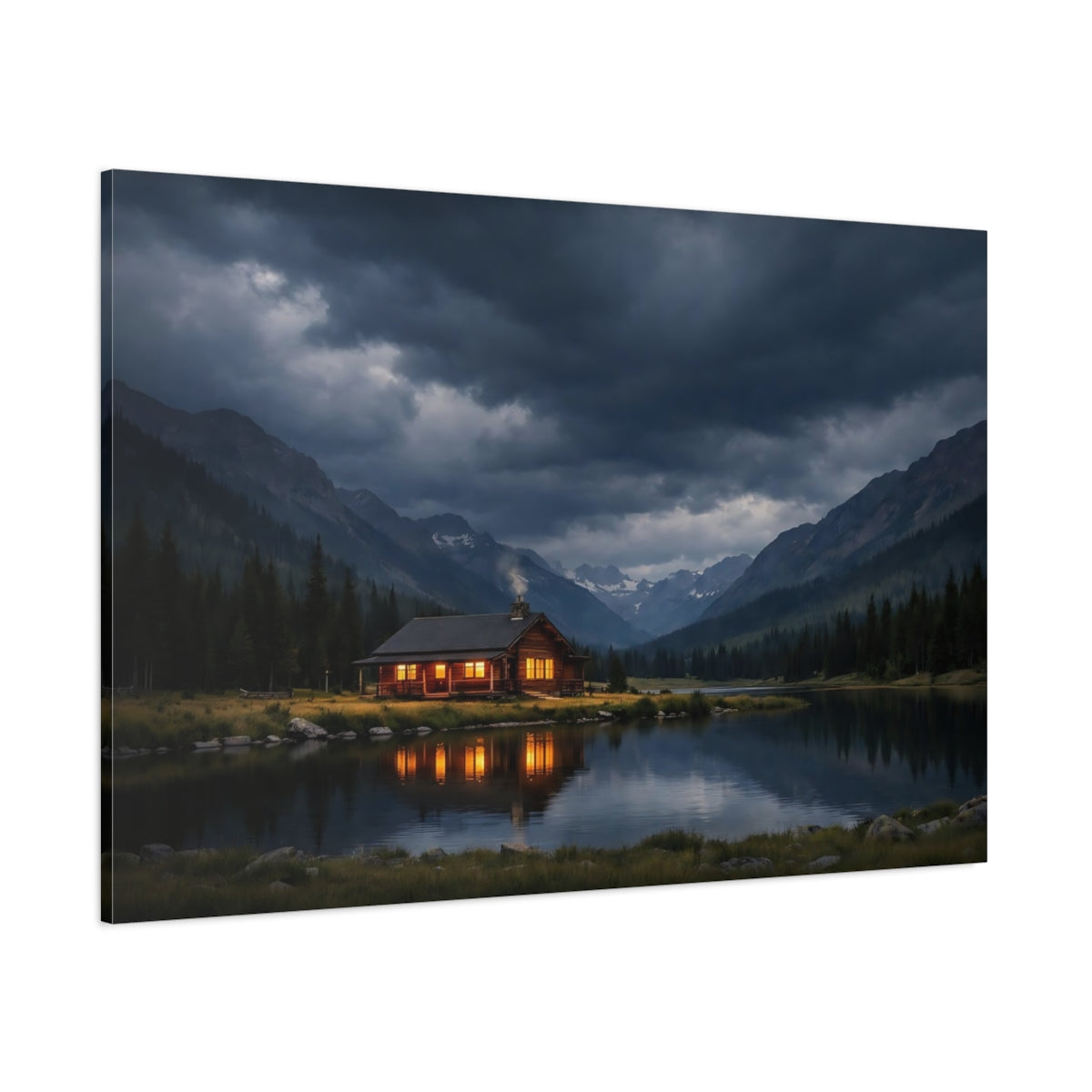 Side Mockup 1. Nature Log Cabin Cabin Lake Scene shown as stretched canvas wall art