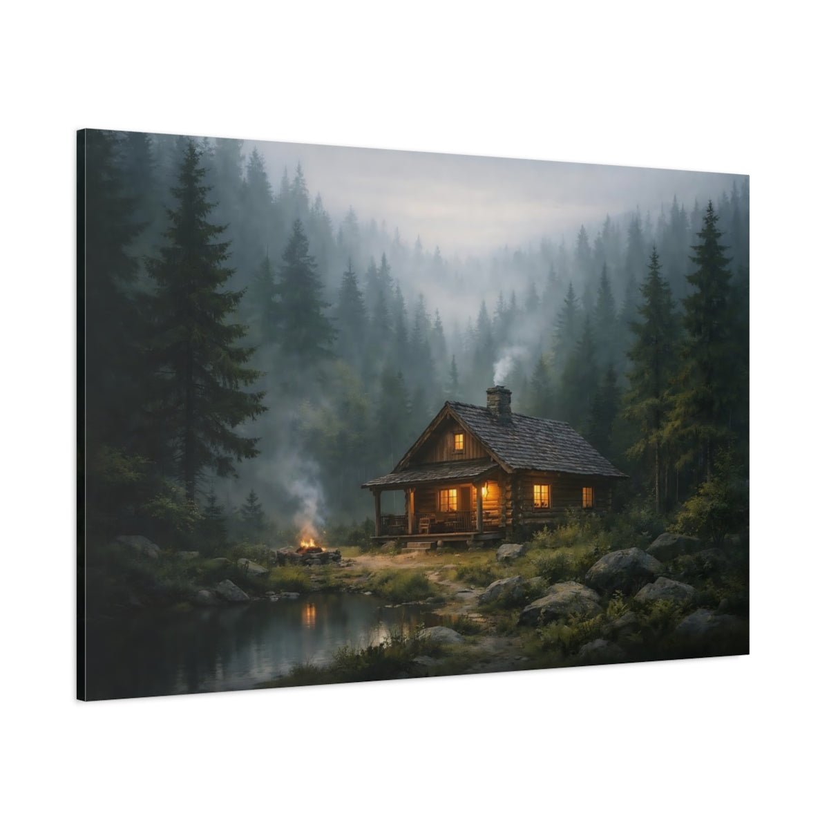 Nature Log Cabin Misty Forest - Canvas Wall Art Print - YesArtYes