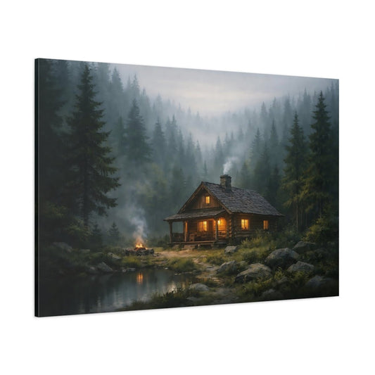 Nature Log Cabin Misty Forest - Canvas Wall Art Print - YesArtYes
