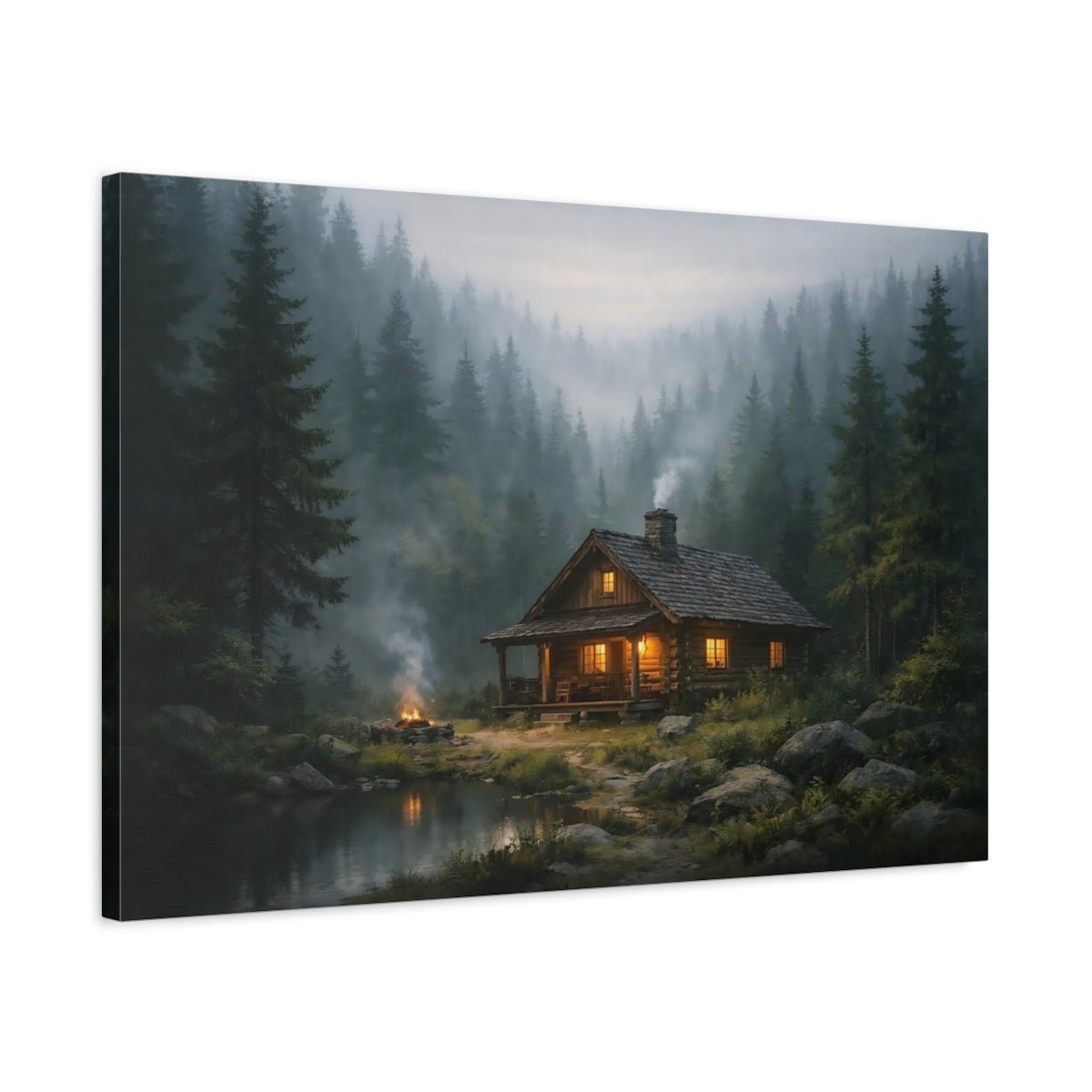 Nature Log Cabin Misty Forest - Canvas Wall Art Print - YesArtYes