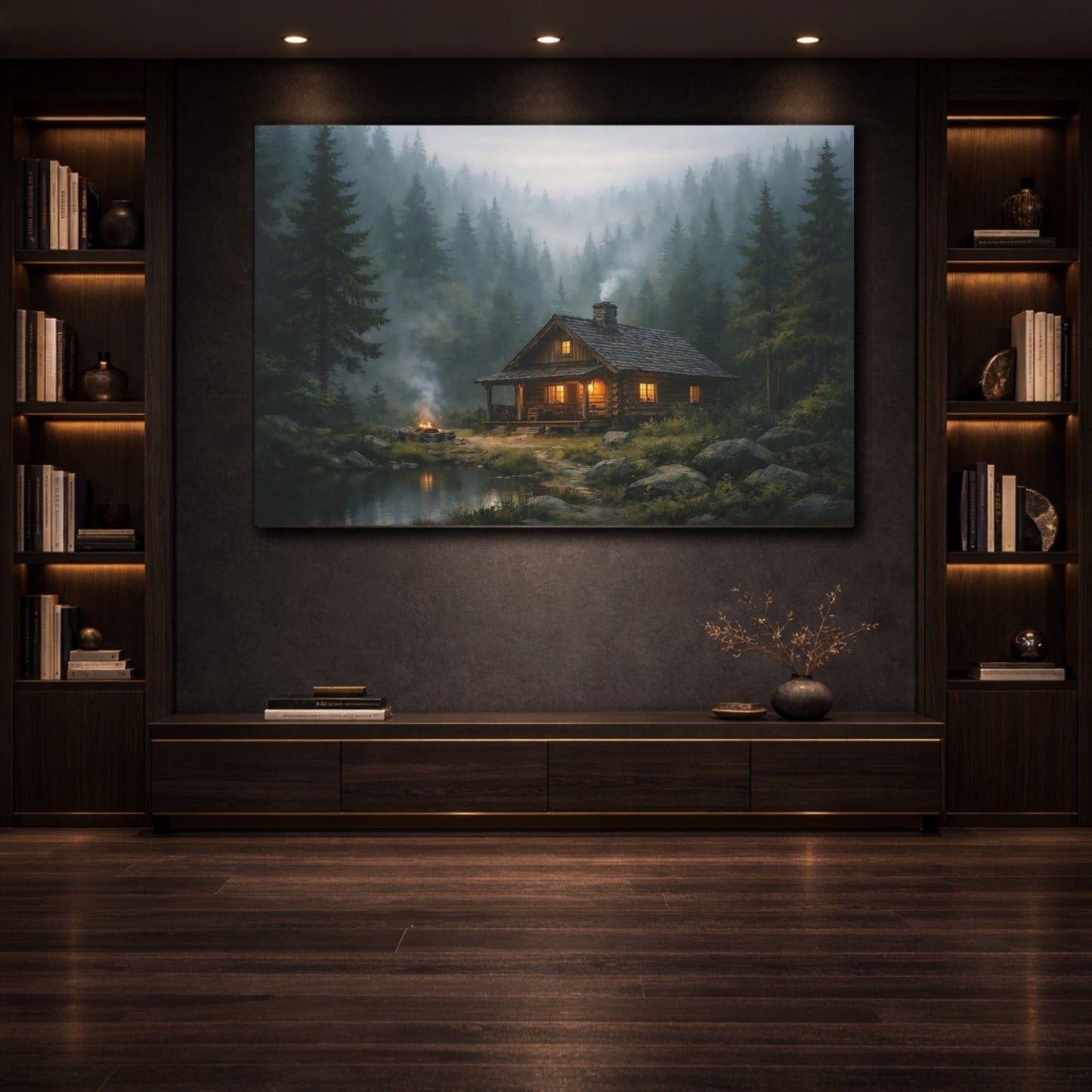 Nature Log Cabin Misty Forest - Canvas Wall Art Print - YesArtYes