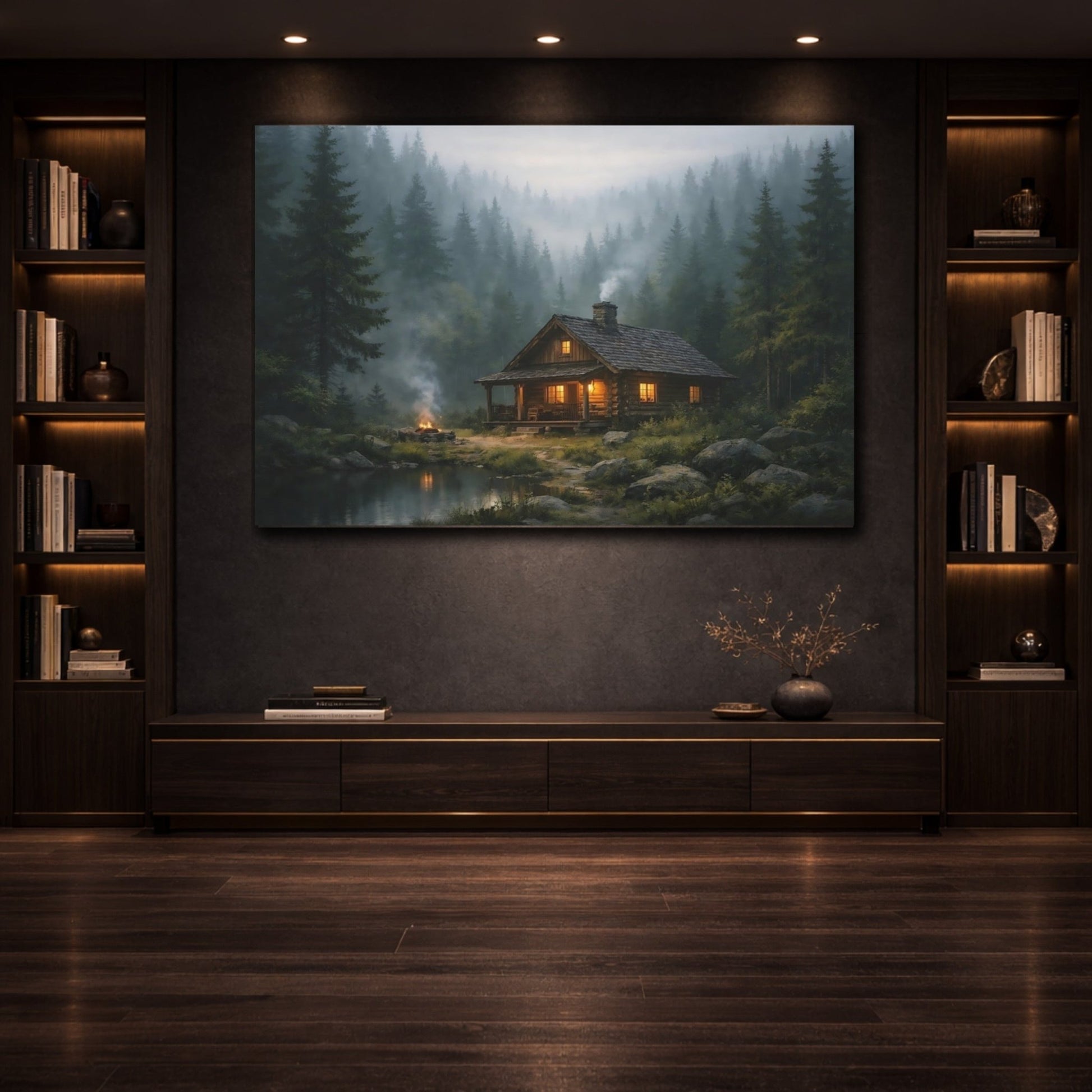 Nature Log Cabin Misty Forest - Canvas Wall Art Print - YesArtYes