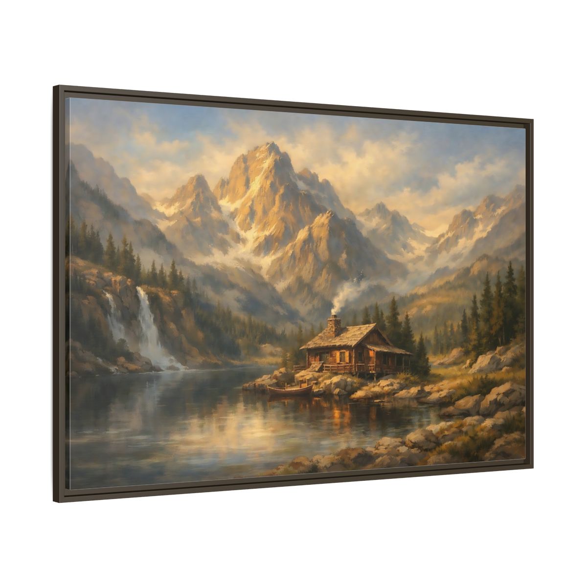 Main Mockup. Nature Log Cabin Mountain Cabin shown as stretched canvas wall art