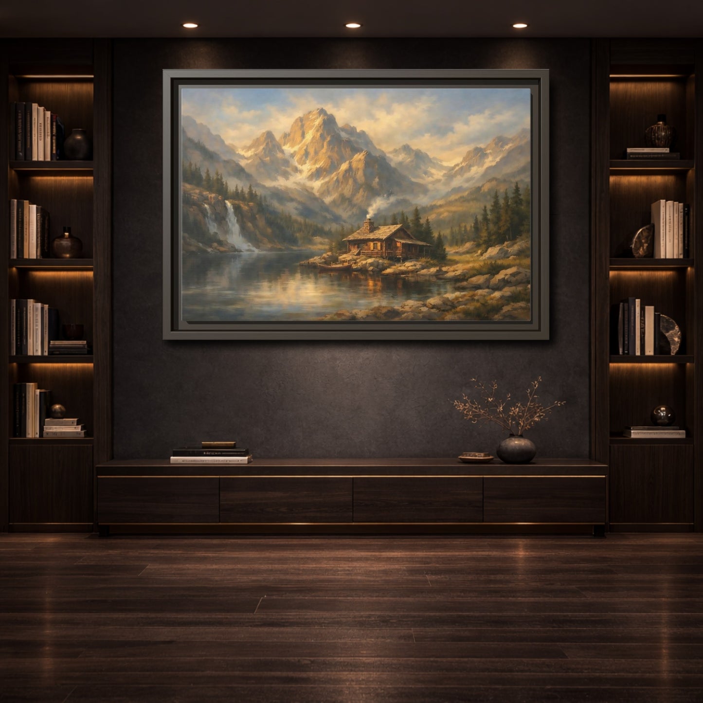 Mockup 3. Nature Log Cabin Mountain Cabin shown as stretched canvas wall art