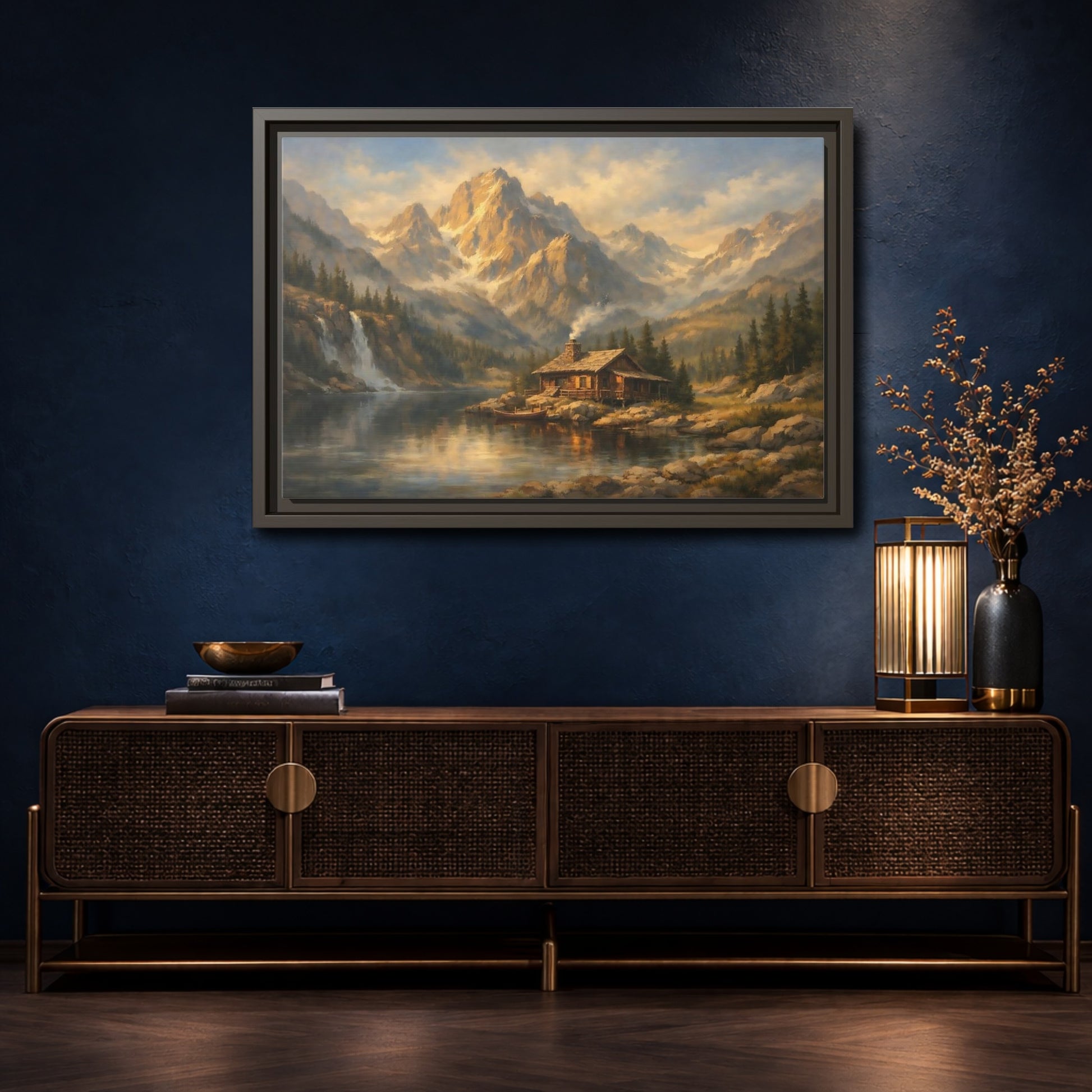 Mockup 4. Nature Log Cabin Mountain Cabin shown as stretched canvas wall art