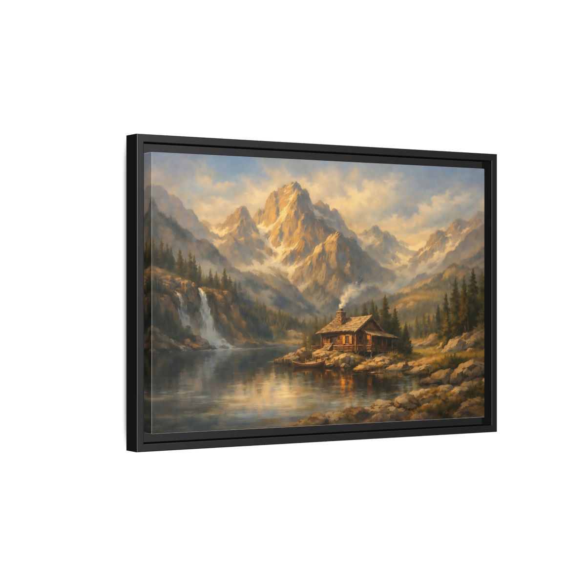 Side Mockup 3. Nature Log Cabin Mountain Cabin shown as stretched canvas wall art